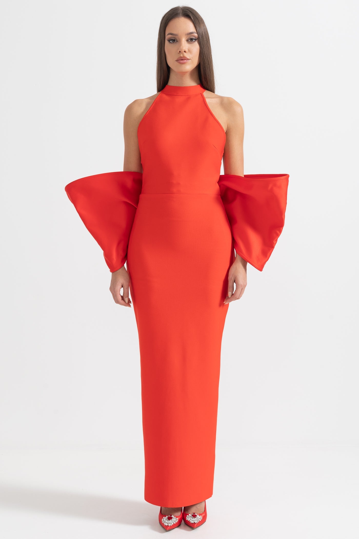Rochie Elegantă cu Detalii de Fundă la Spate - Roșu