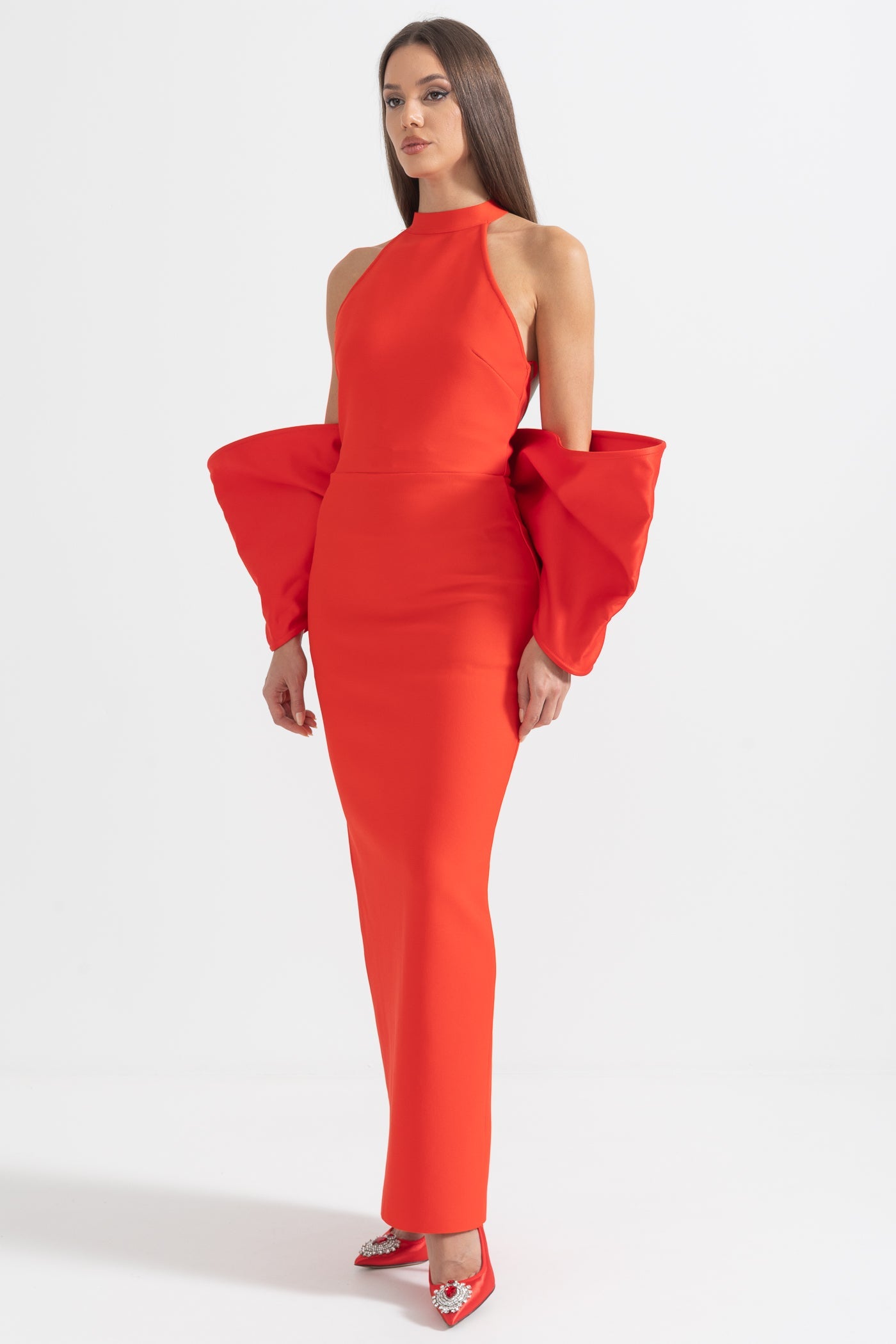 Rochie Elegantă cu Detalii de Fundă la Spate - Roșu
