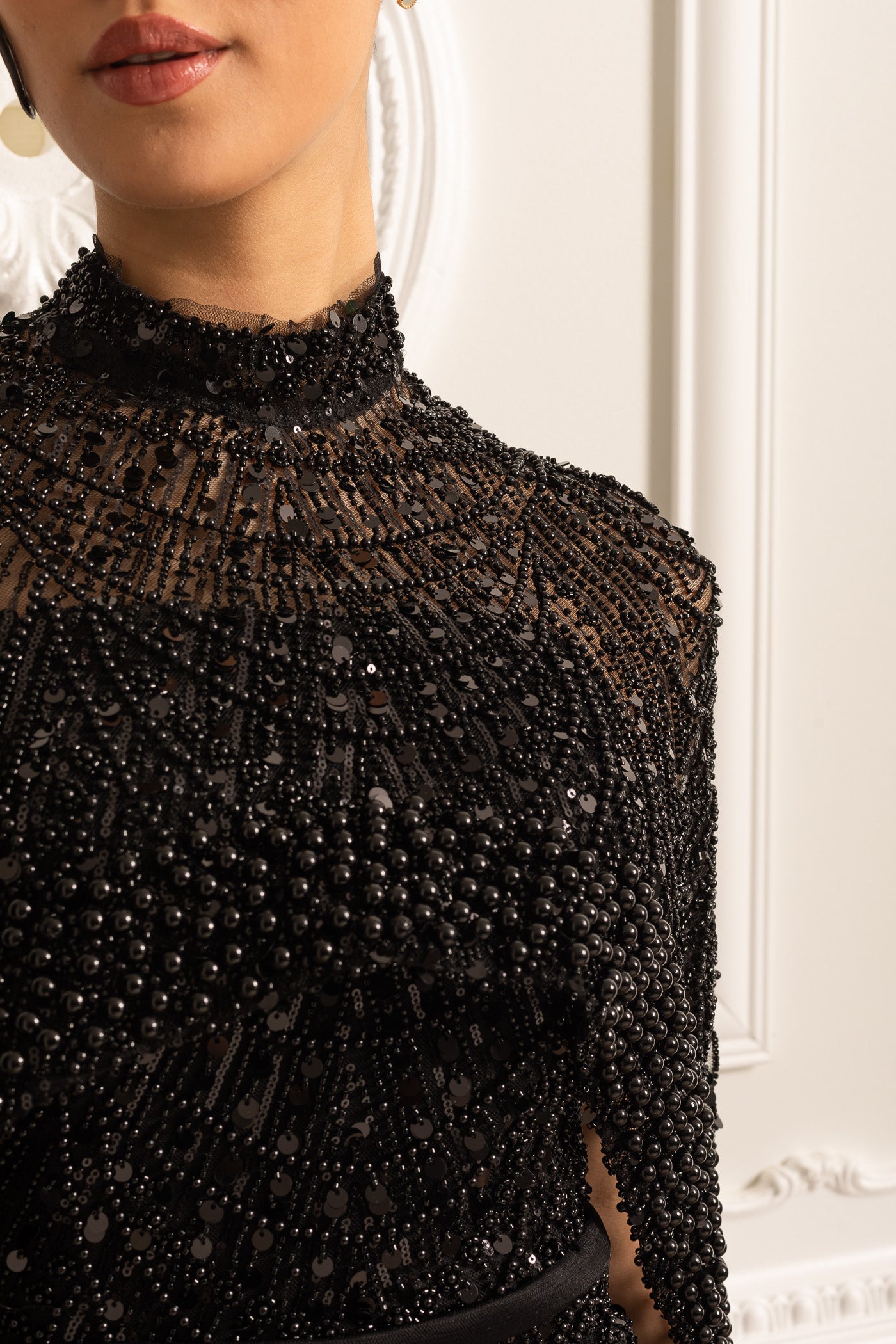 Rochie Glamour cu Mărgele și Văl Detasabil - Negru