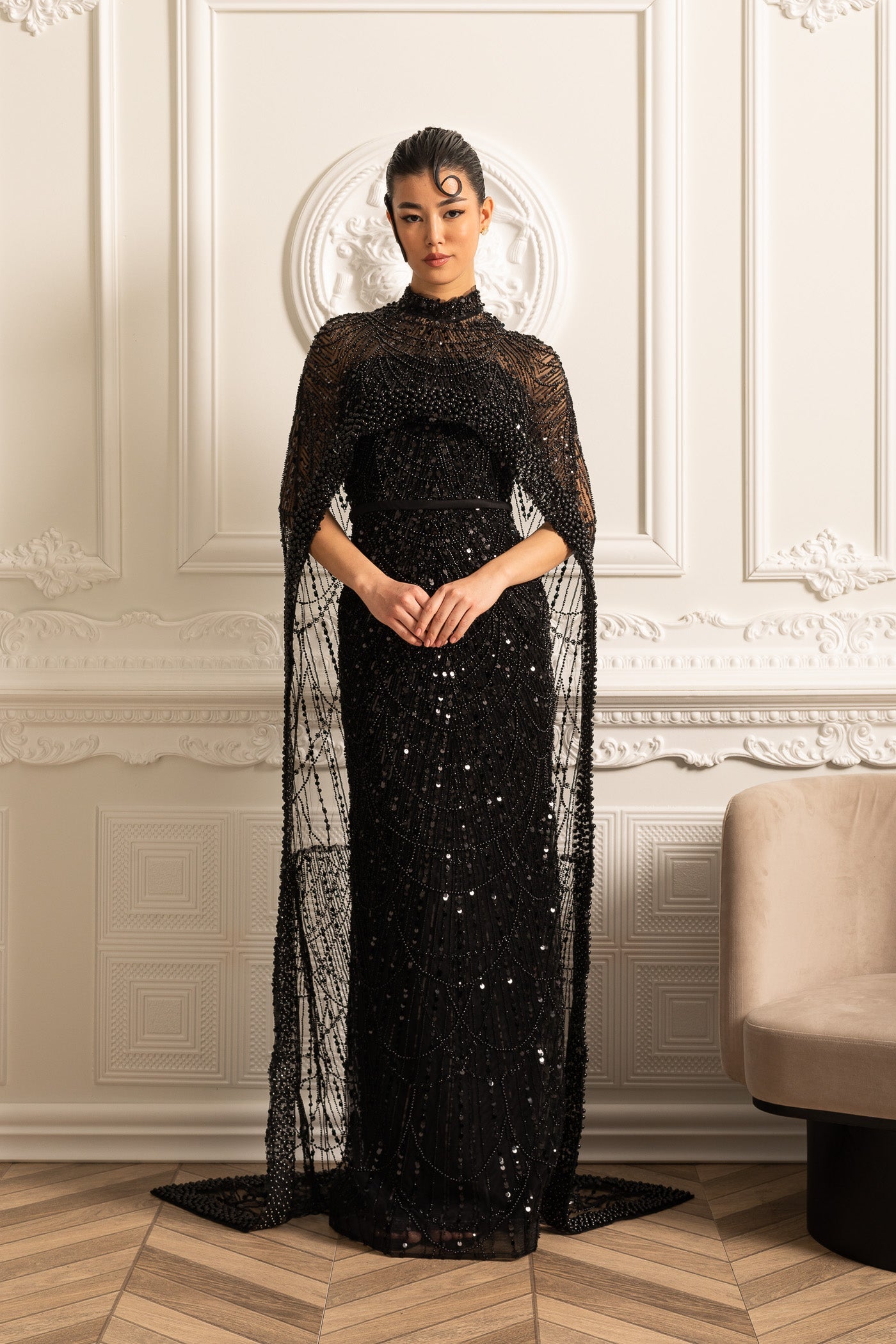Rochie Glamour cu Mărgele și Văl Detasabil - Negru