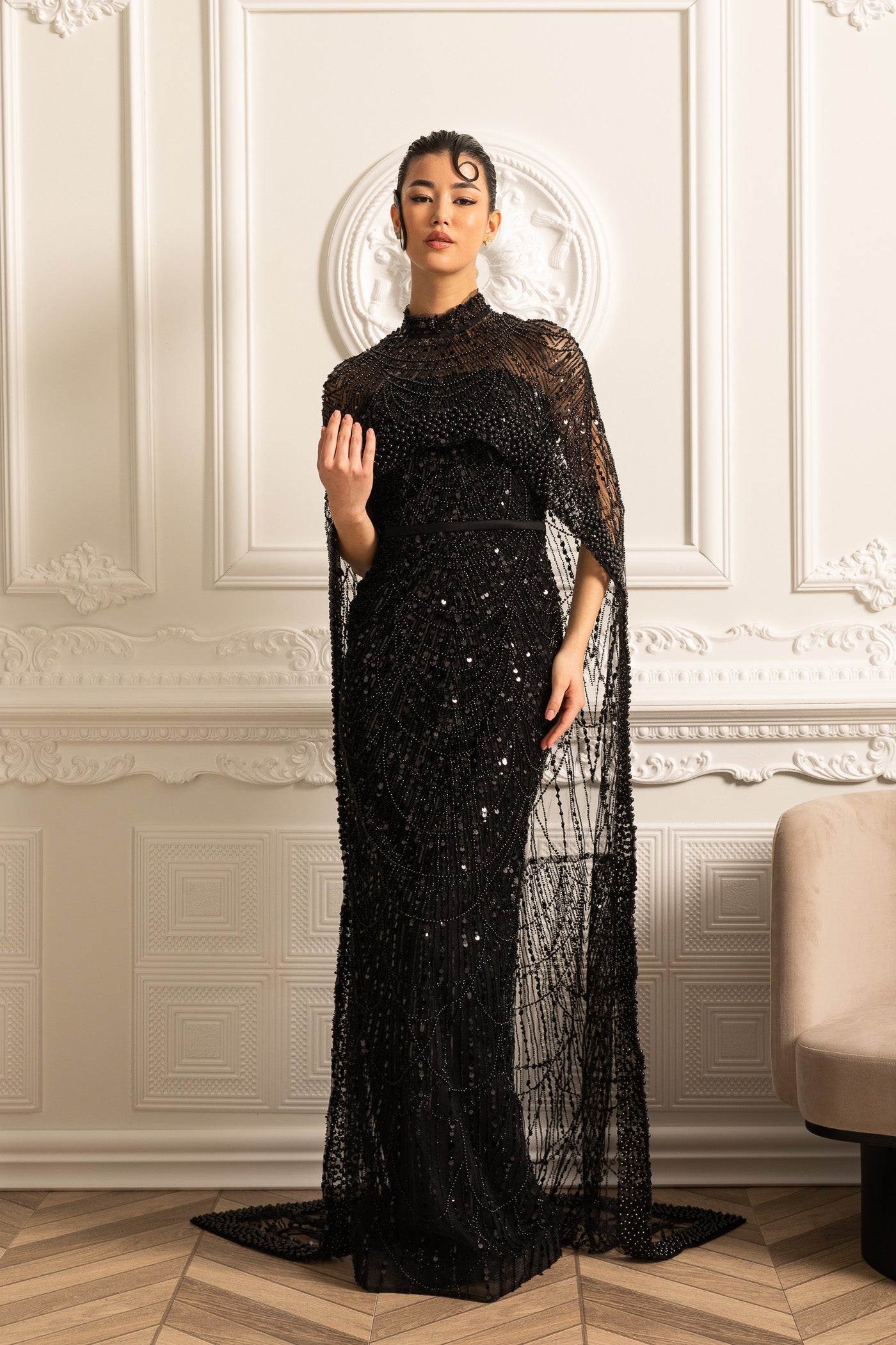 Rochie Glamour cu Mărgele și Văl Detasabil - Negru