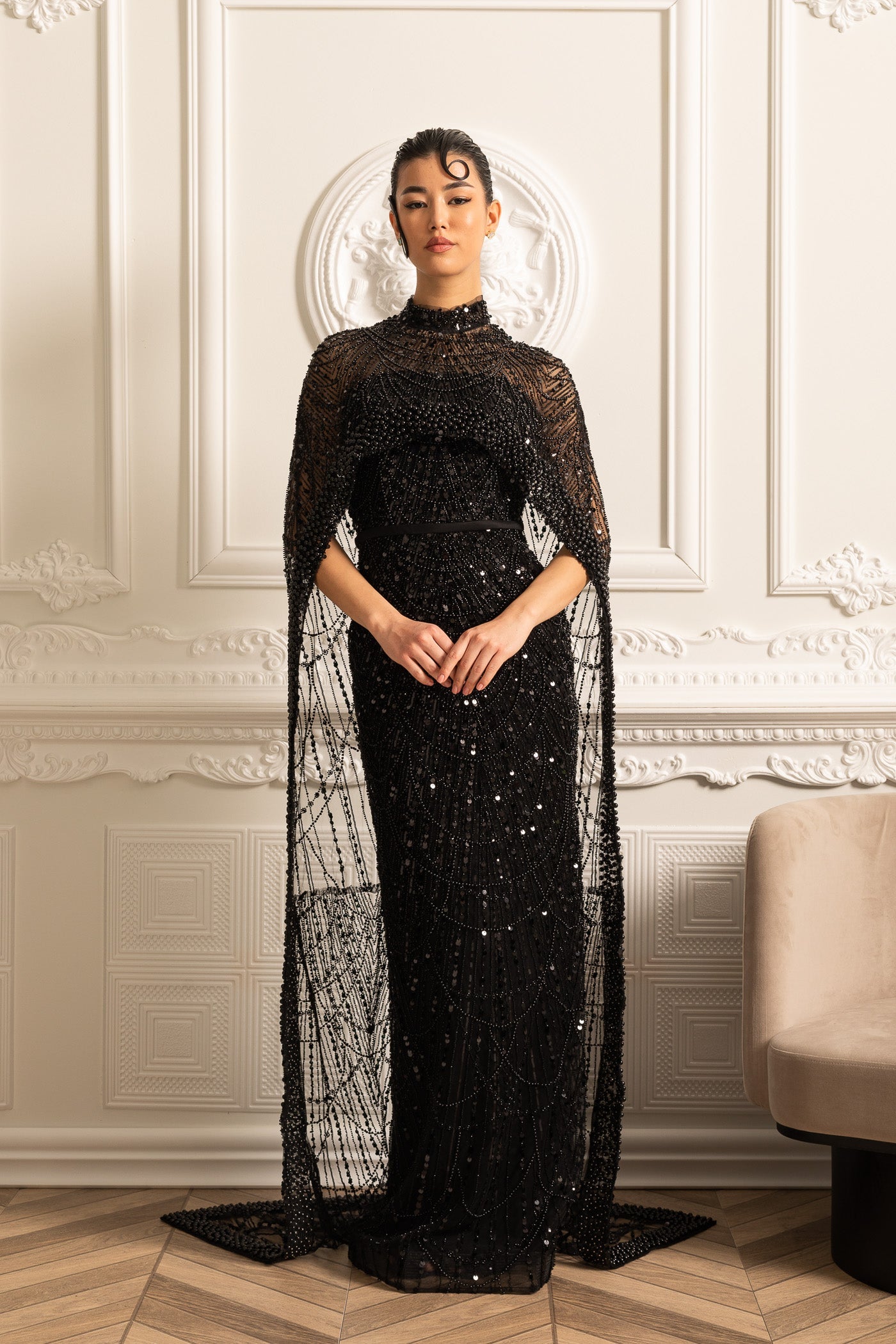 Rochie Glamour cu Mărgele și Văl Detasabil - Negru