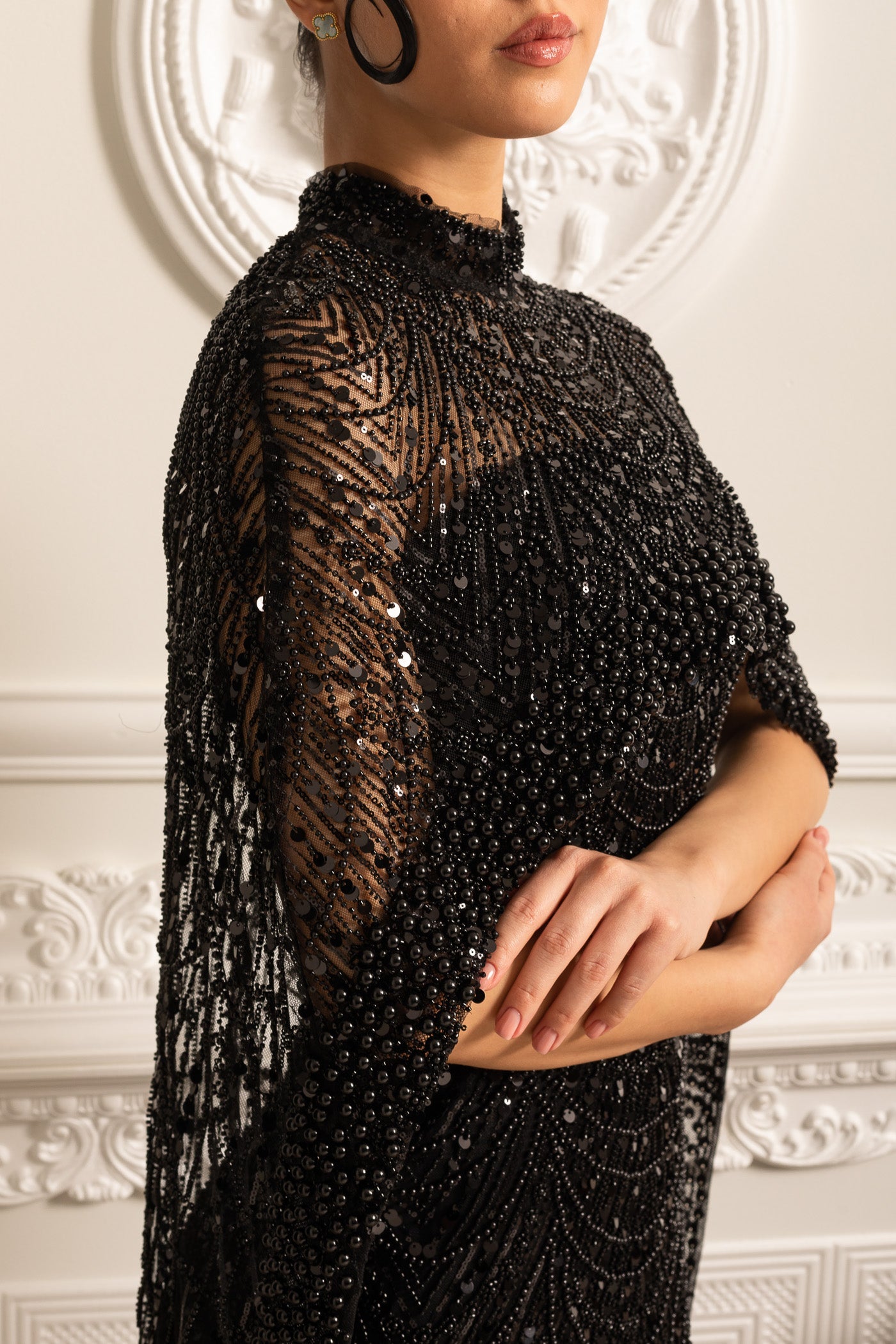 Rochie Glamour cu Mărgele și Văl Detasabil - Negru