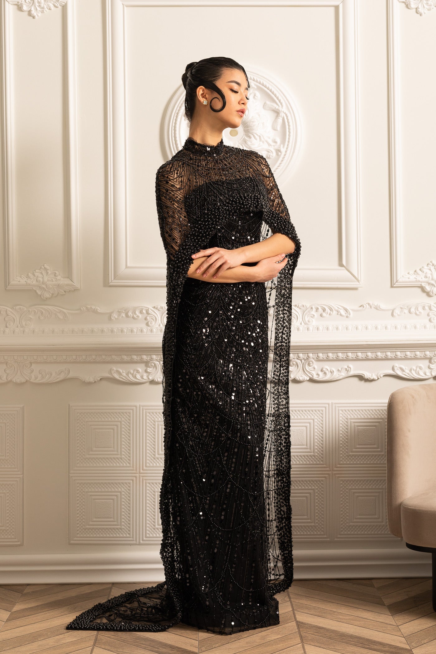 Rochie Glamour cu Mărgele și Văl Detasabil - Negru