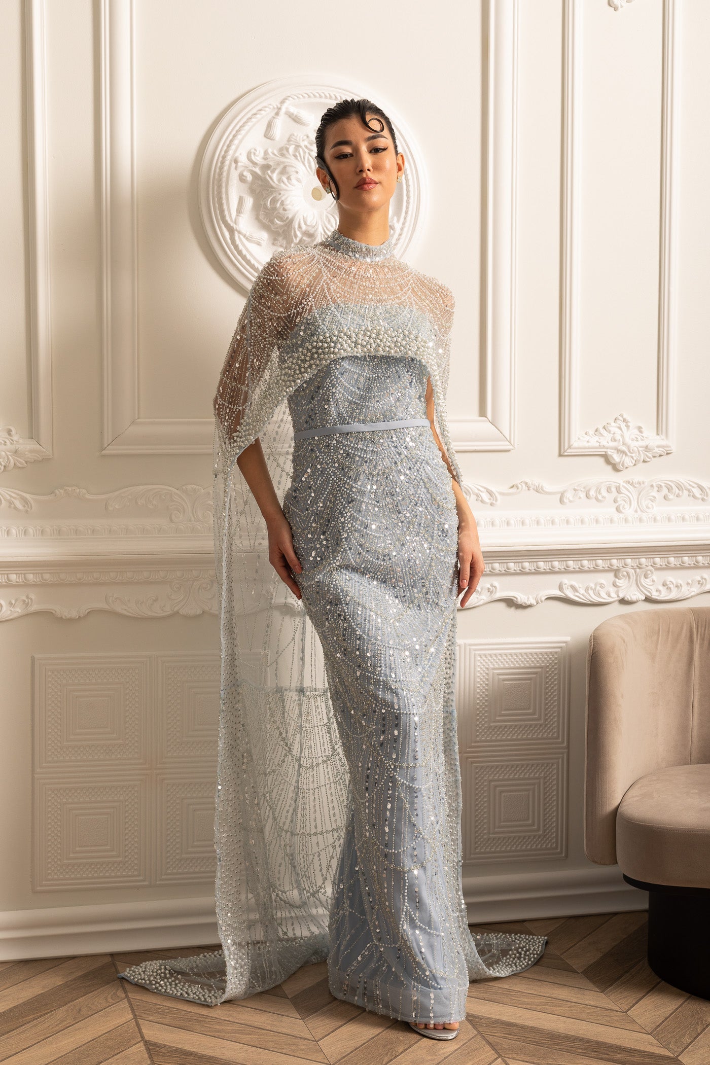 Glamourous Beaded Gown With Detachable Veil - Blue