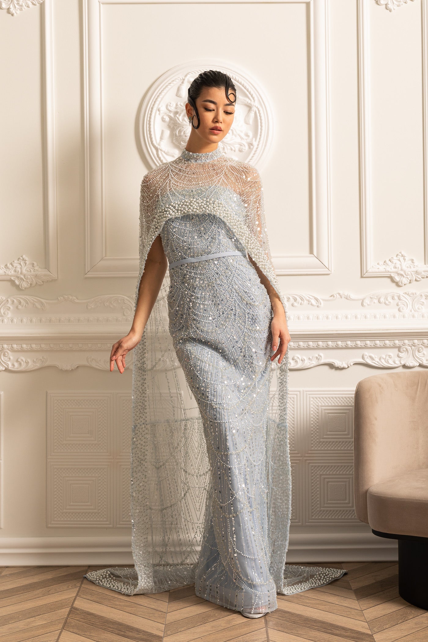 Glamourous Beaded Gown With Detachable Veil - Blue