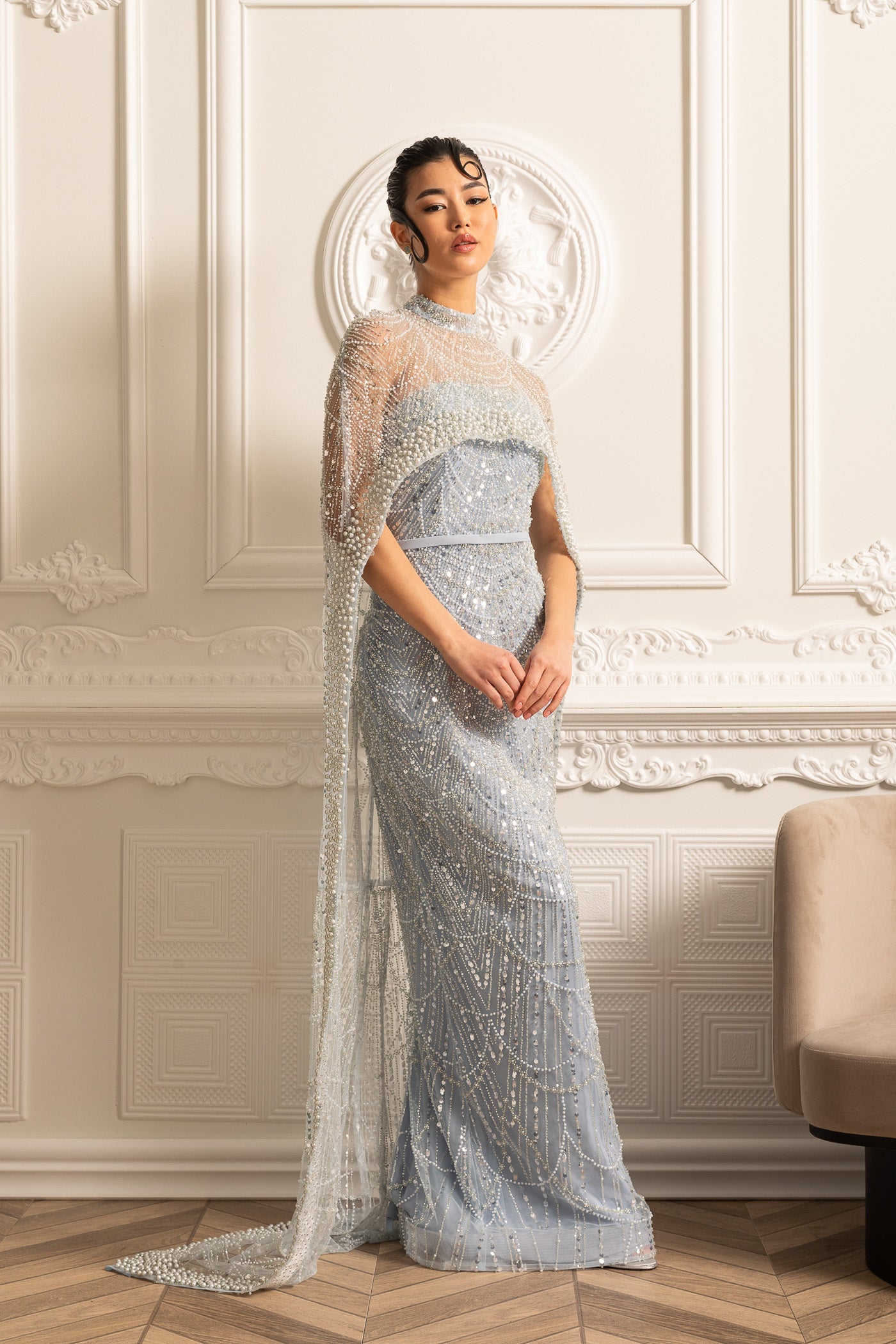 Glamourous Beaded Gown With Detachable Veil - Blue