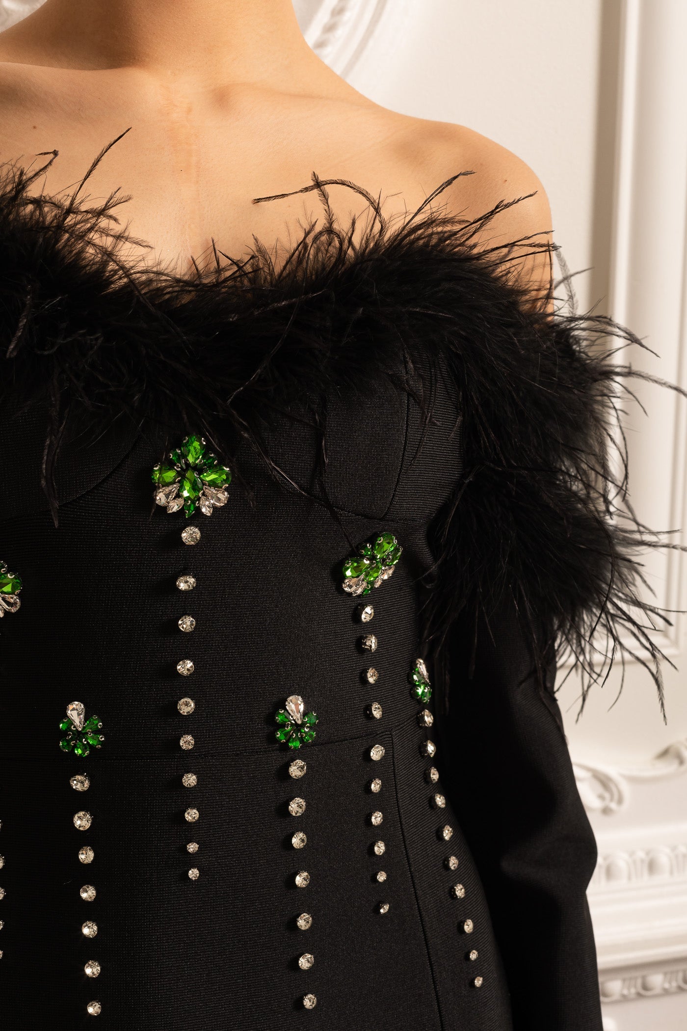 Feather Adorned Dress With Sparkling Embellishments And High-Side Slit - Black