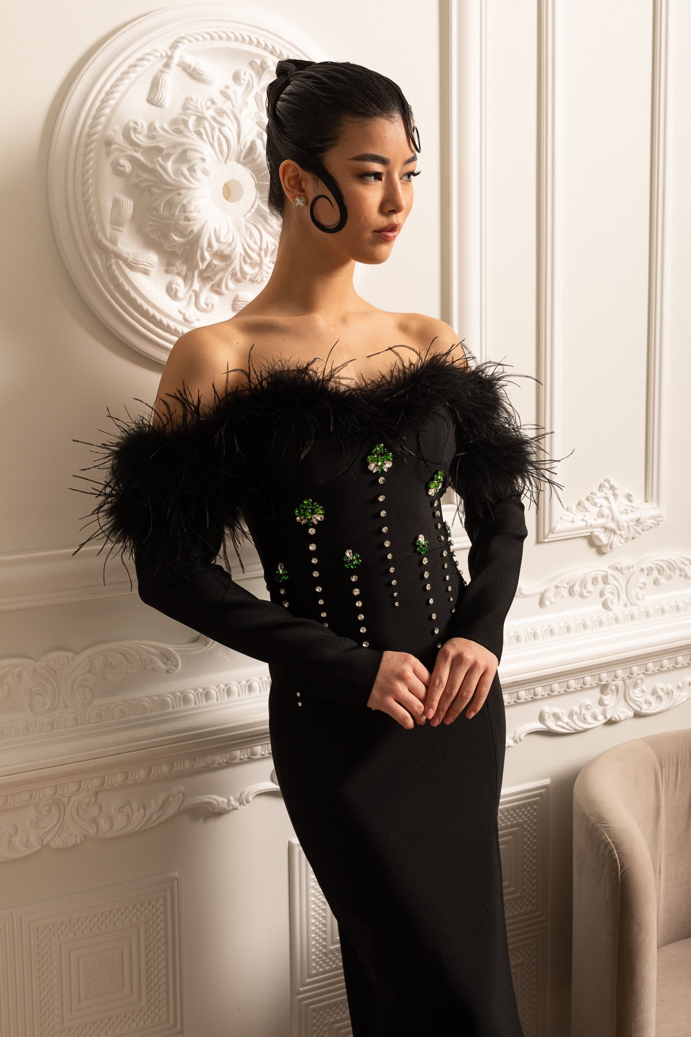 Feather Adorned Dress With Sparkling Embellishments And High-Side Slit - Black