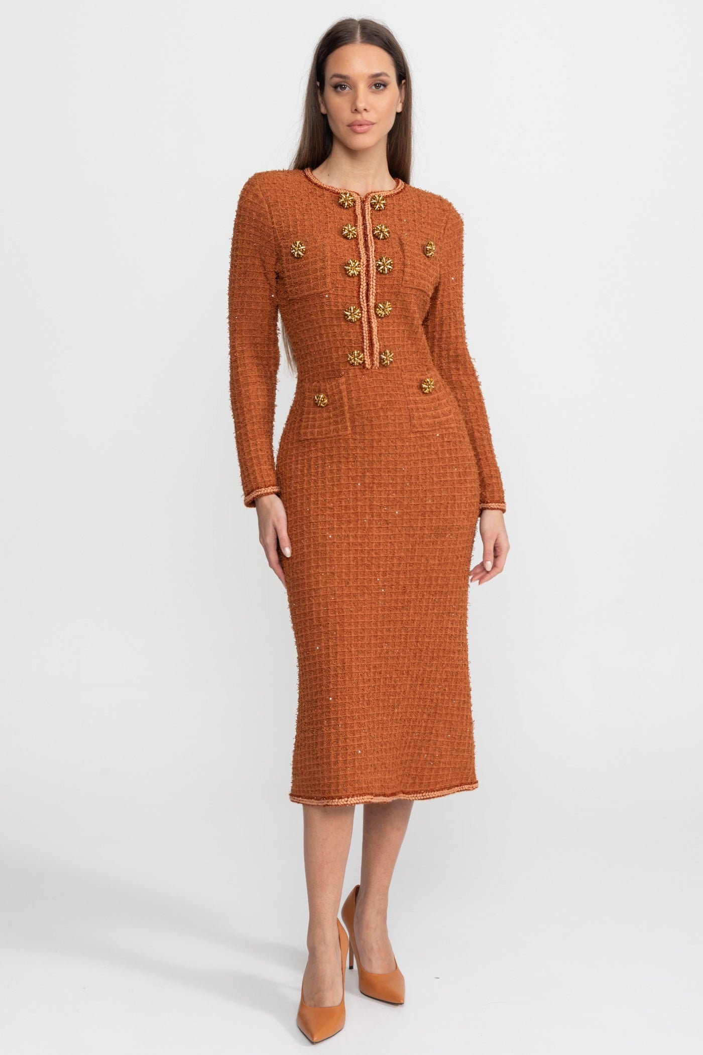 Textured Tweed Midi Dress with Crystal Button Detail – Rust