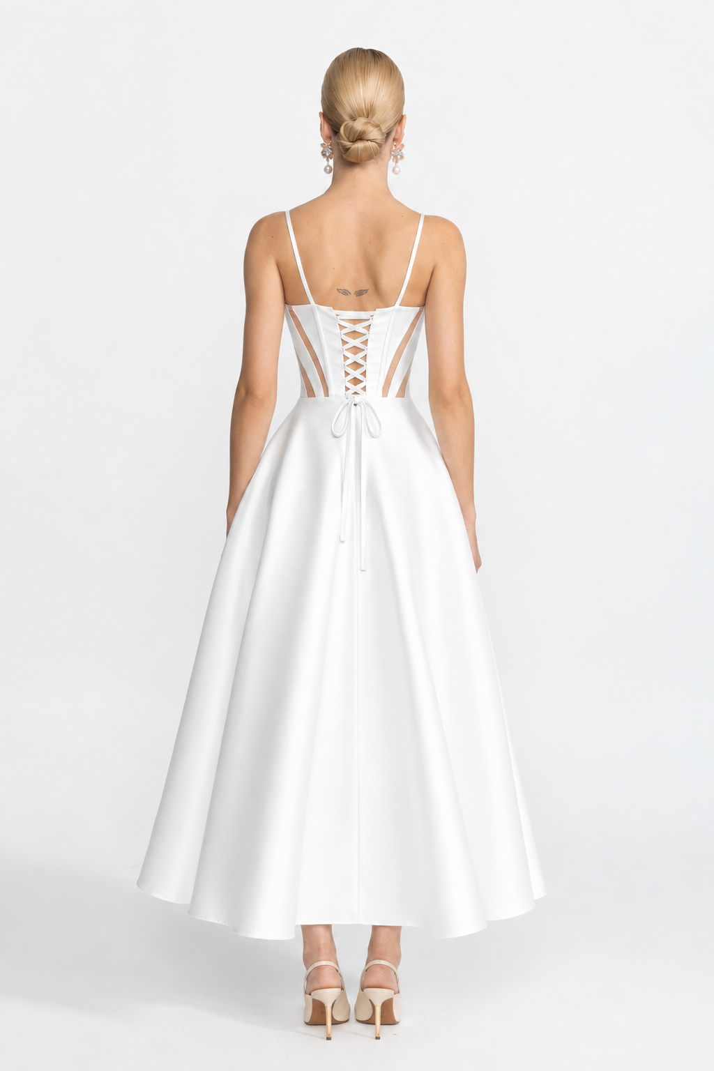 Rochie midi corset din satin cu panouri transparente - alb