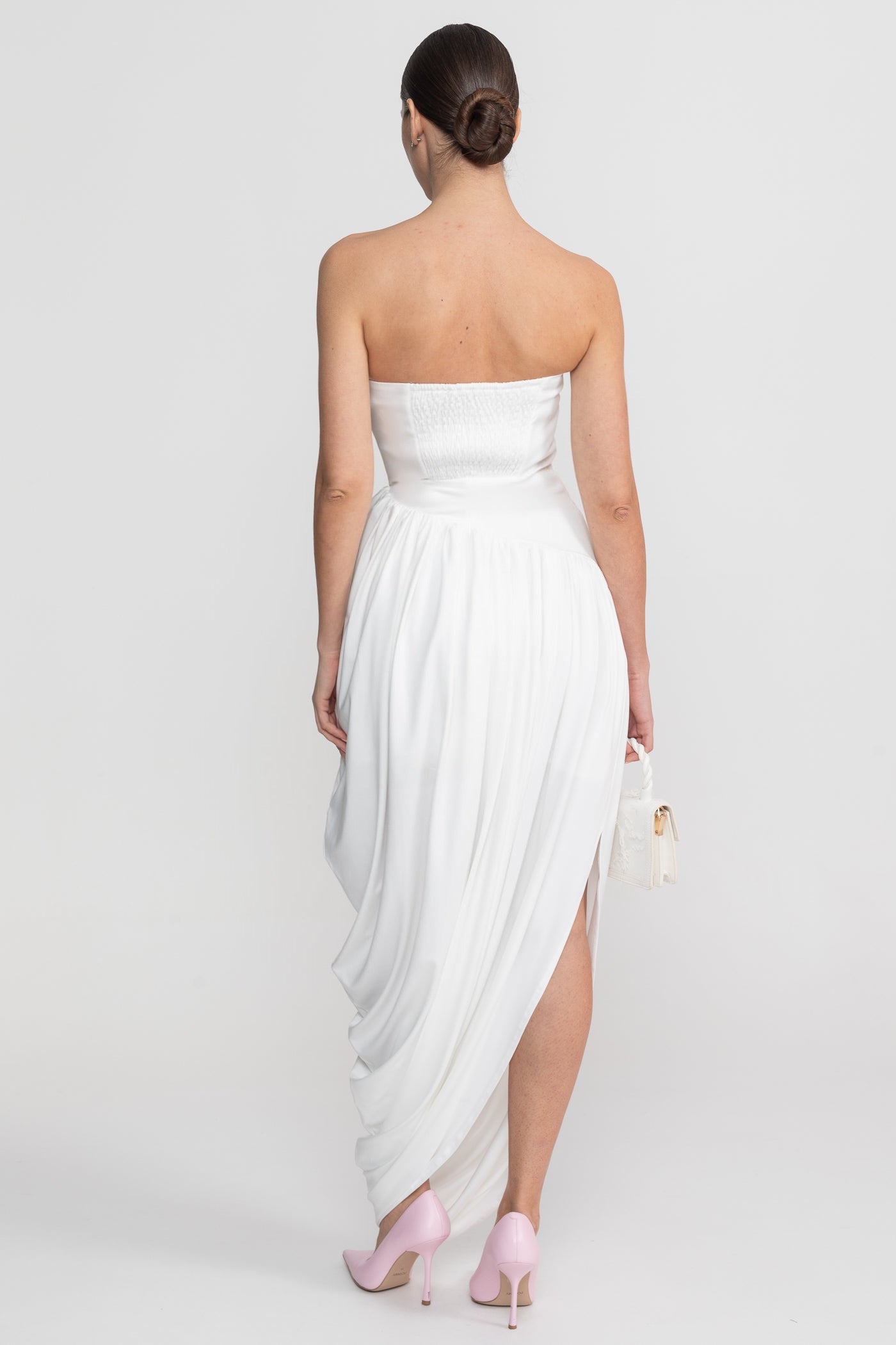 Rochie maxi fără bretele cu fustă drapată asimetric - Alb