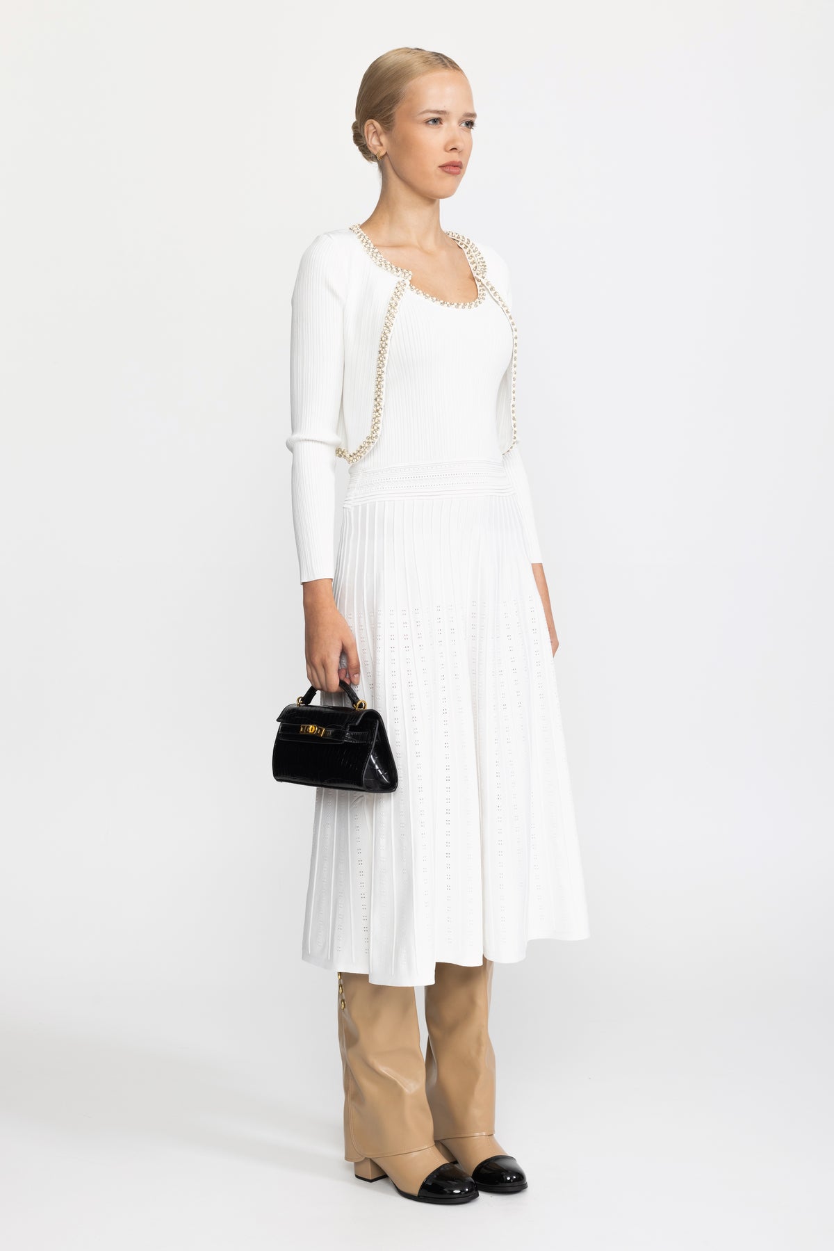 Pearl Trim Knit Tank Midi Dress and Bolero Set - White