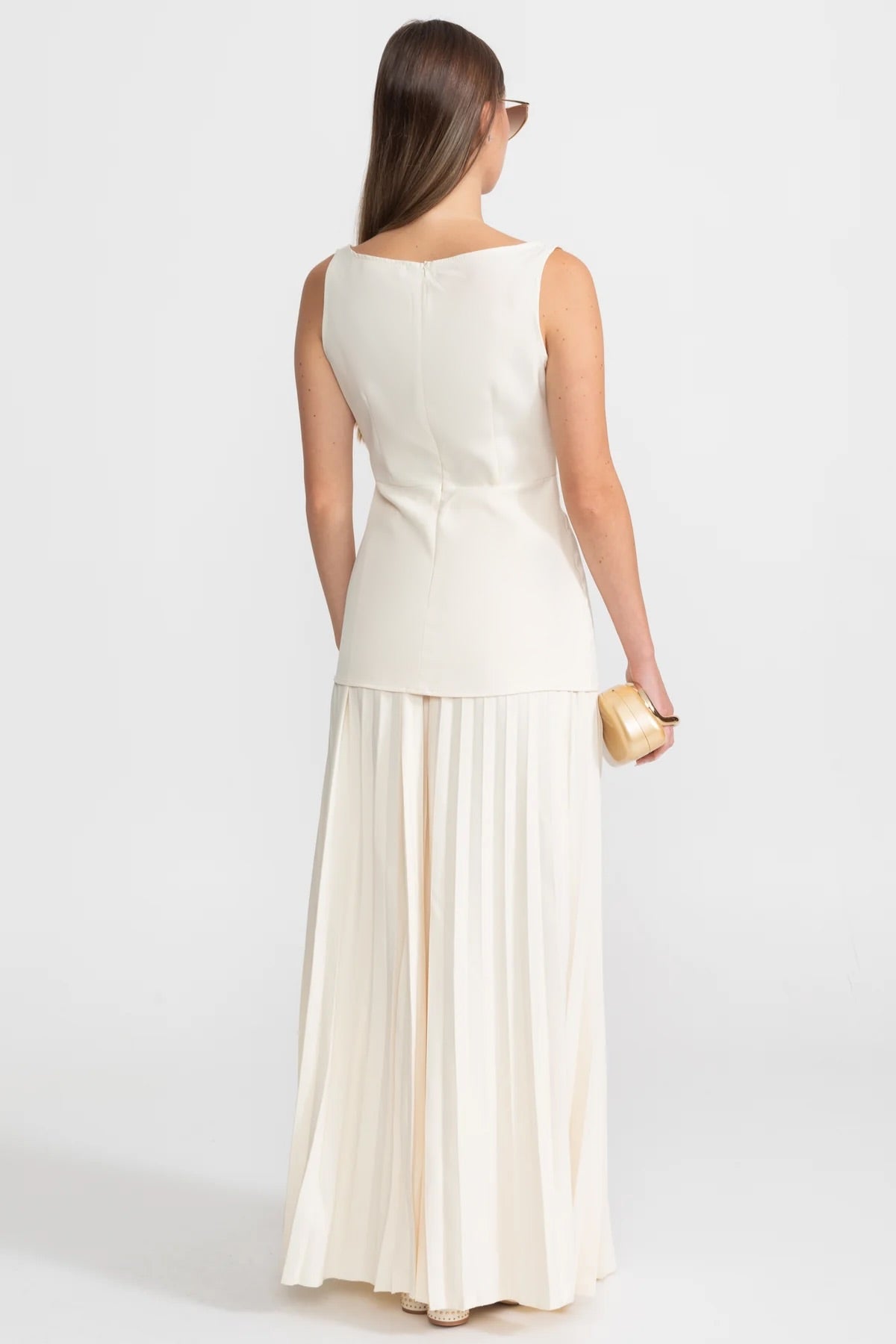 Set Maxi fără mâneci cu corset croială și fustă plisată - Ivoire