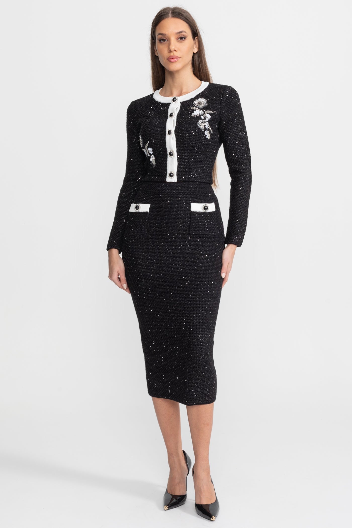 Set Co-Ord din Tweed Brodat cu Tricot și Margine Contrastantă – Negru