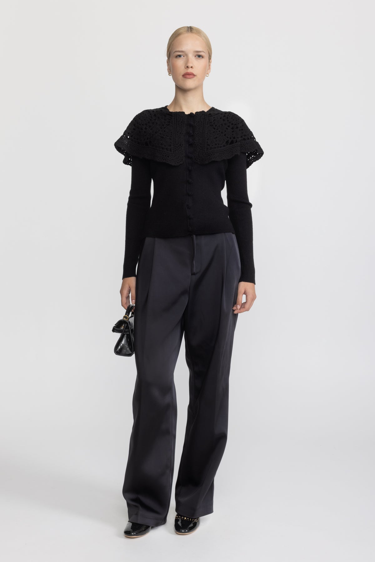 Cardigan din tricot reiat cu guler capelet croșetat - Negru