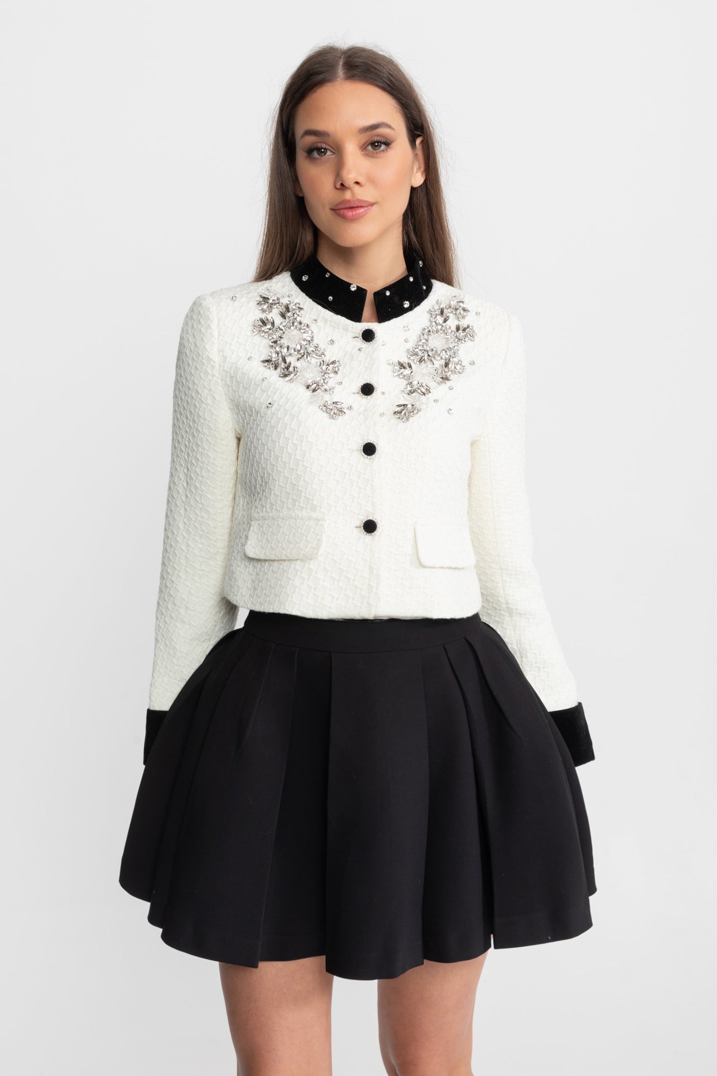 Embellished Textured Cropped Blazer with Crystal Floral Appliqué – White