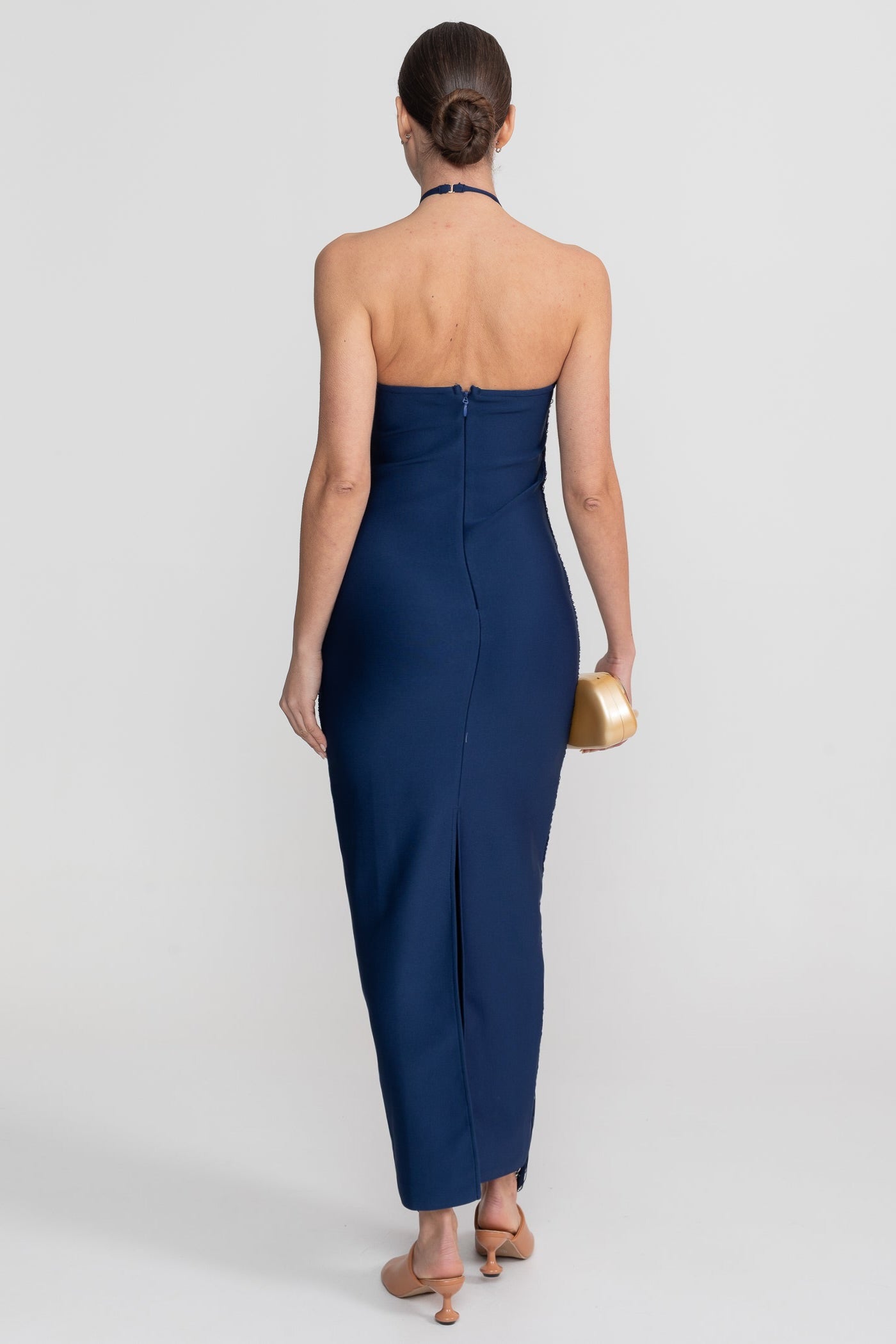 Rochie midi cu guler halter și textură plisată integrală - Blue