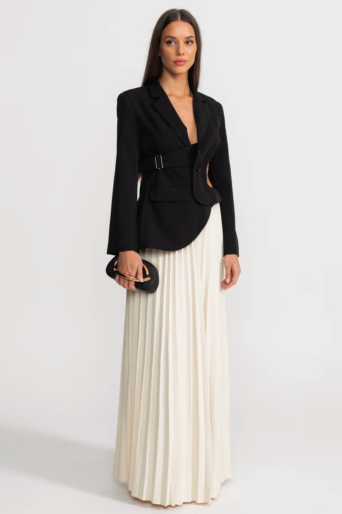Asymmetric Cut-Out Blazer with Belt Detail - Black