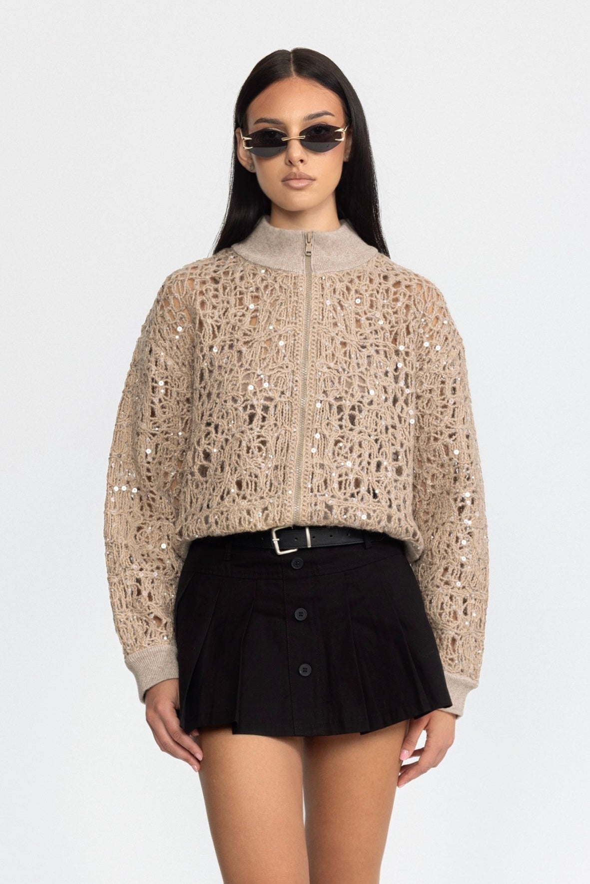 Cardigan cu paiete din tricot ajurat, cu fermoar - Bej