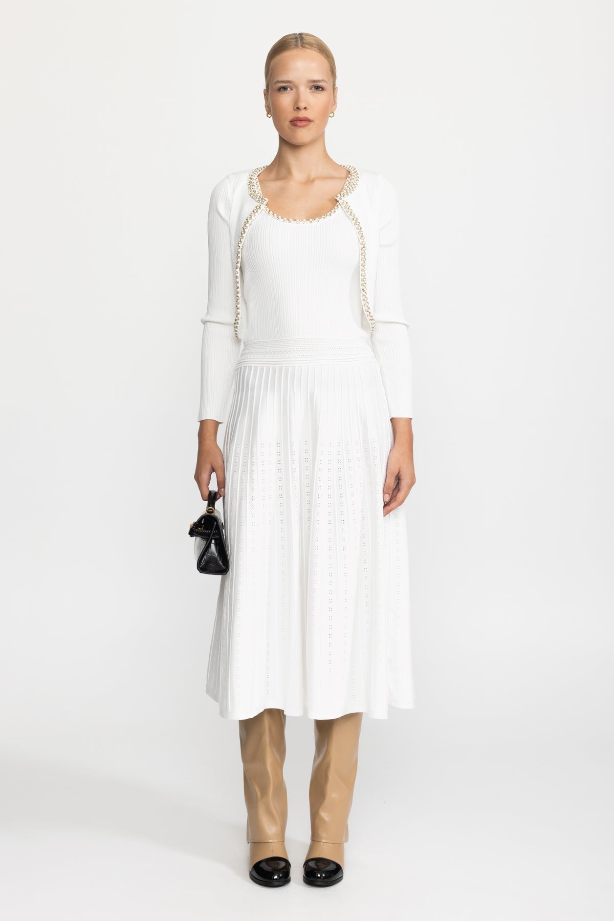 Pearl Trim Knit Tank Midi Dress and Bolero Set - White