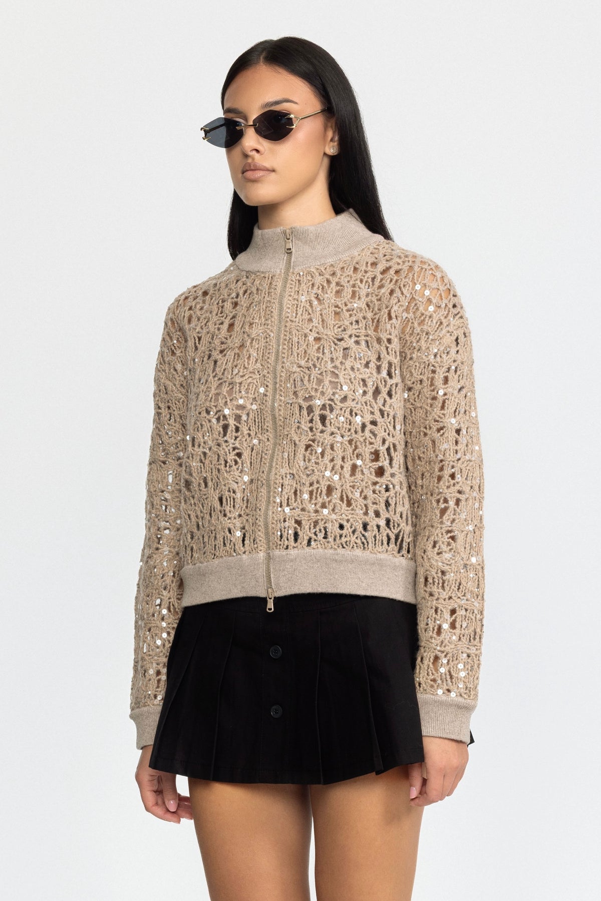 Cardigan cu paiete din tricot ajurat, cu fermoar - Bej