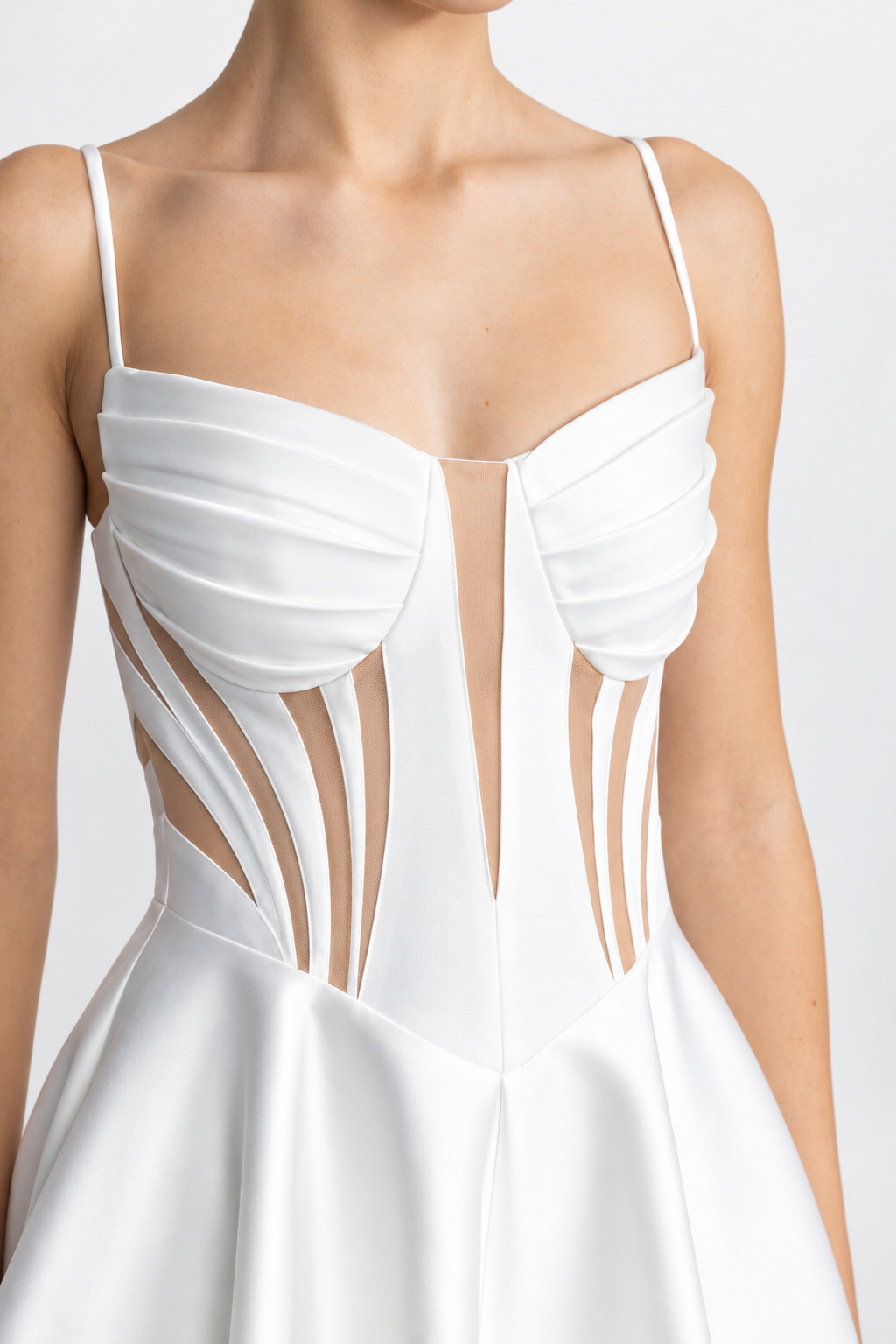 Rochie midi corset din satin cu panouri transparente - alb