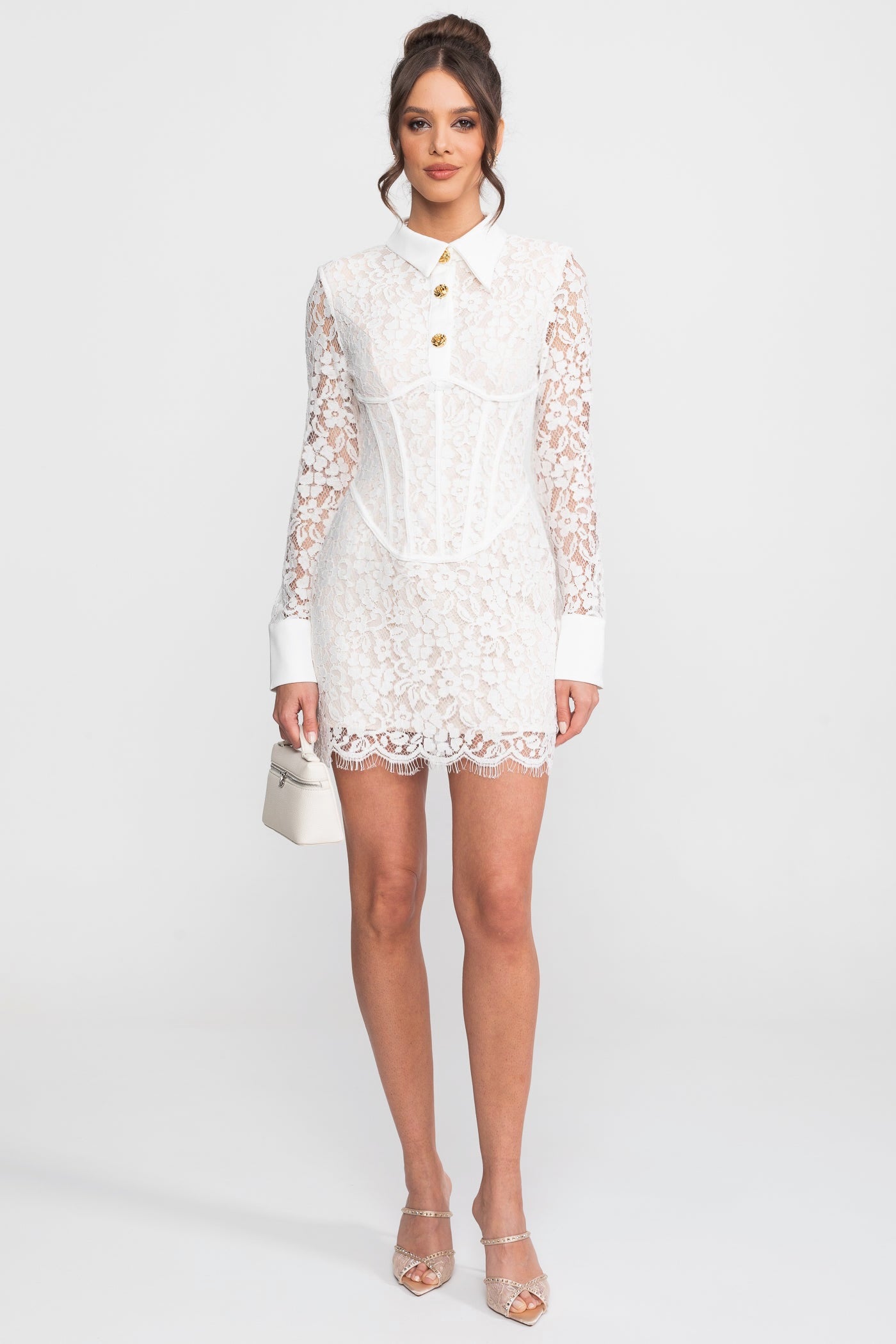 Long Sleeved Lace Mini Dress With Scallop Hem - White