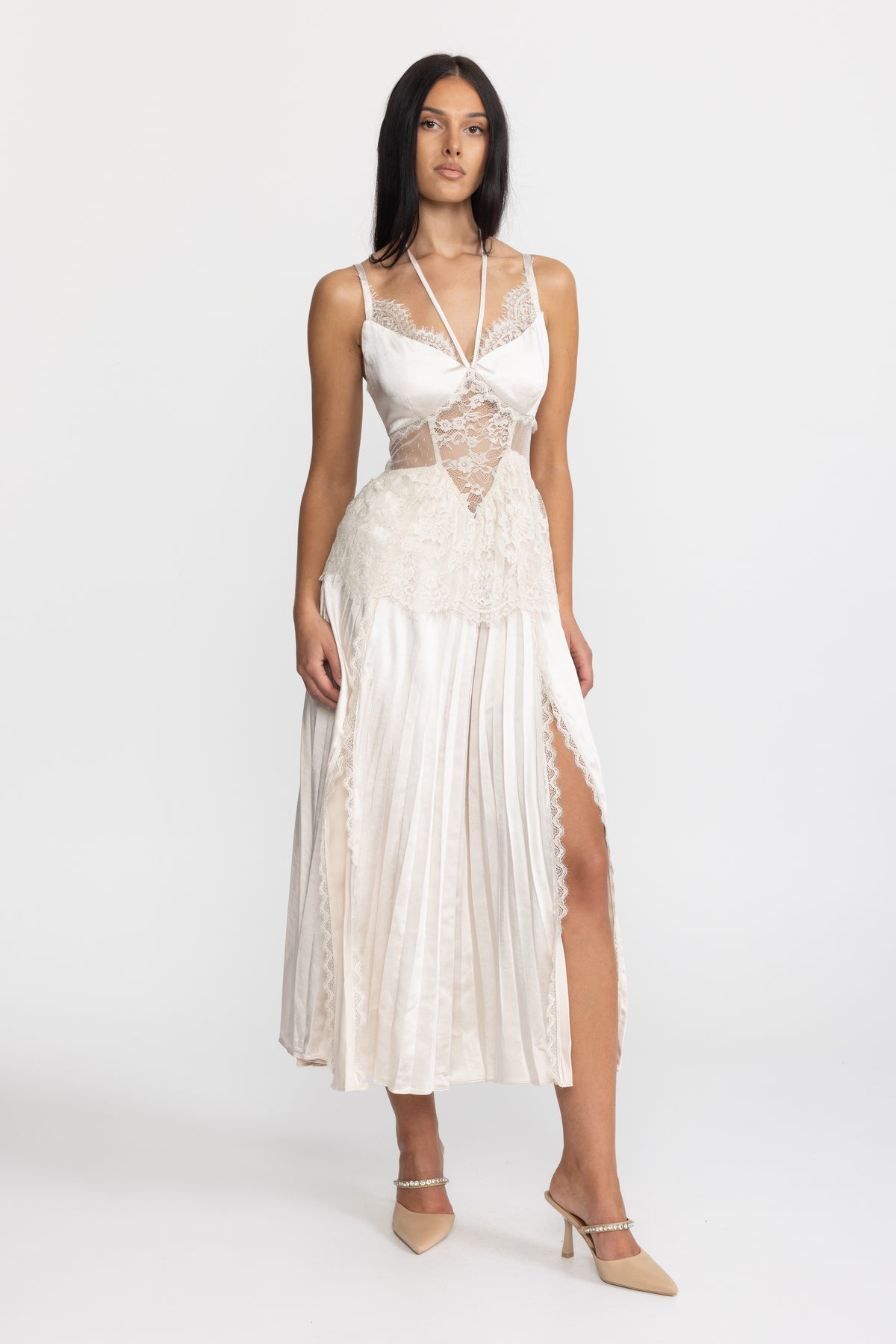 Lace Insert Satin Halter Pleated Midi Dress - Ivoire