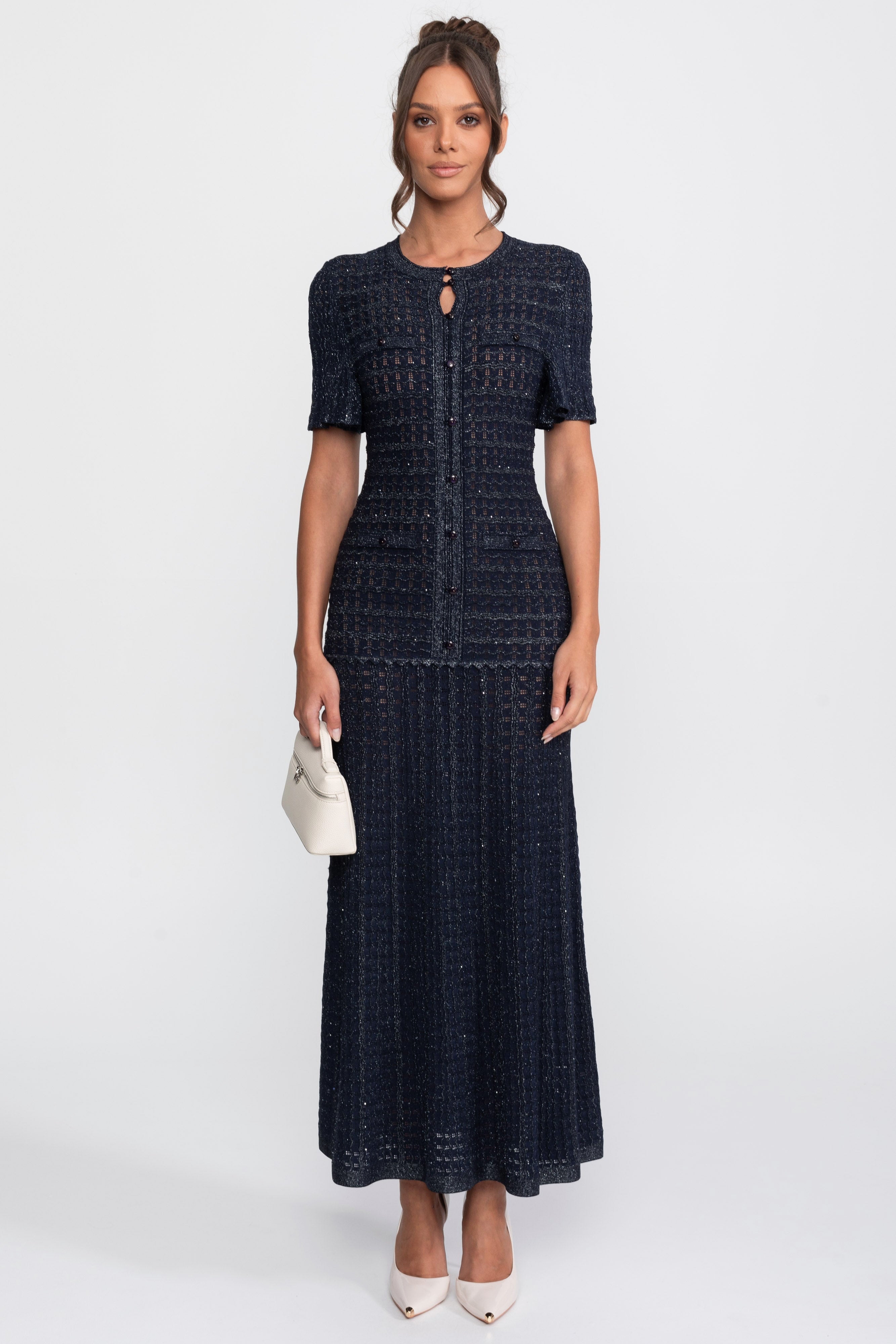 Rochie midi cu mâneci scurte, textură tricotată cu sclipiri - Navy