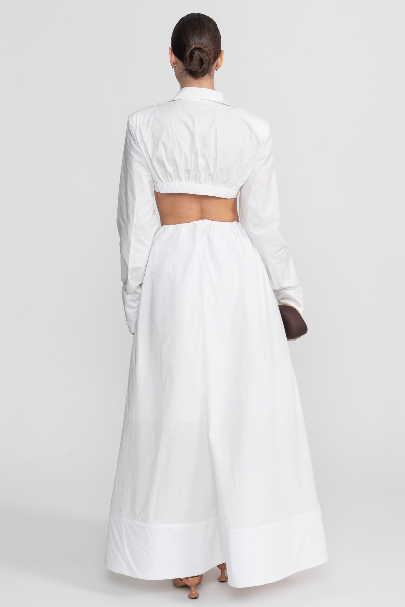 Long Sleeve Co-Ord Set With Cropped Underbust Top - White
