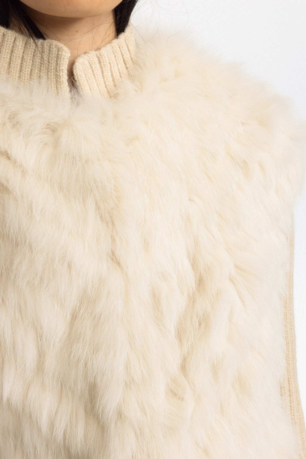 Knitted Fox Fur Jacket with Rib Knit Sleeves - Beige