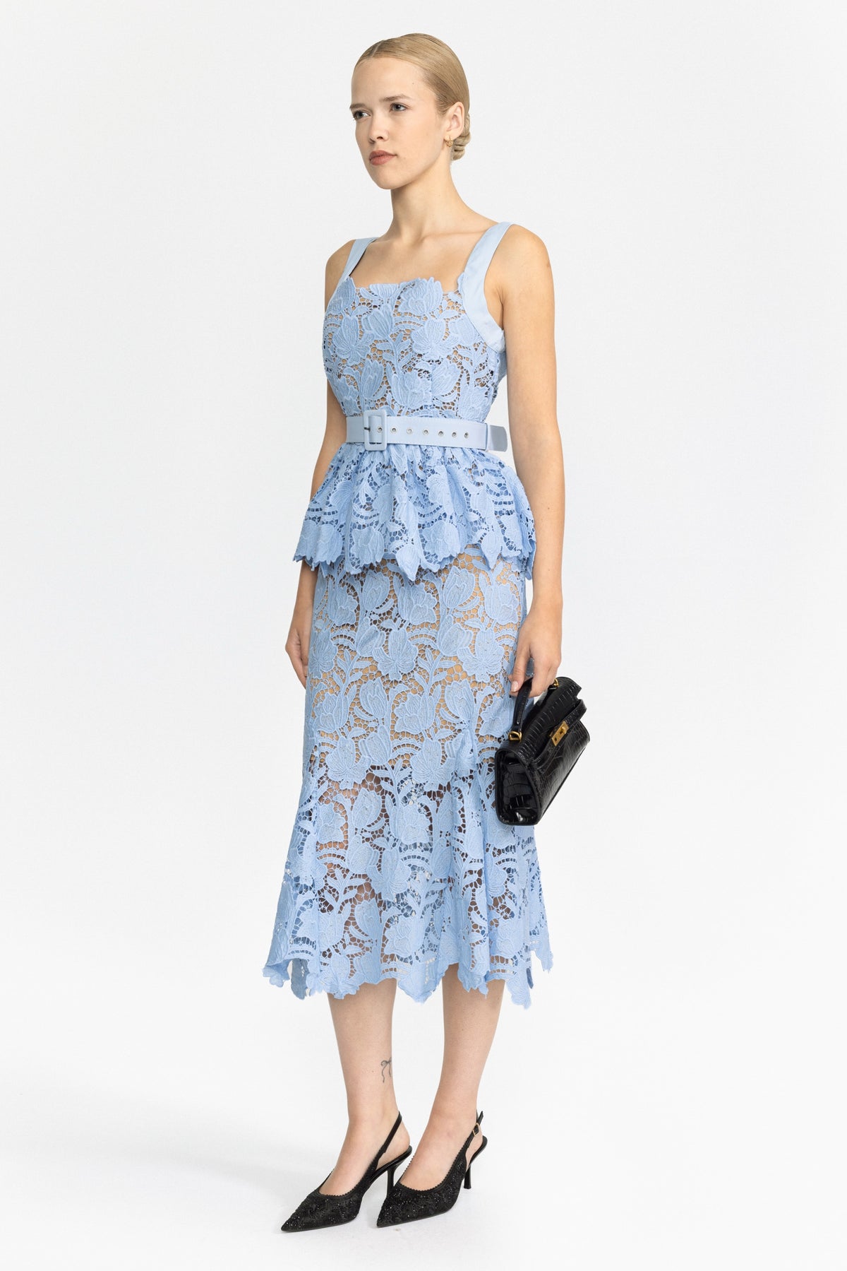 Set cu top peplum din dantelă guipure și fustă midi - bleu deschis