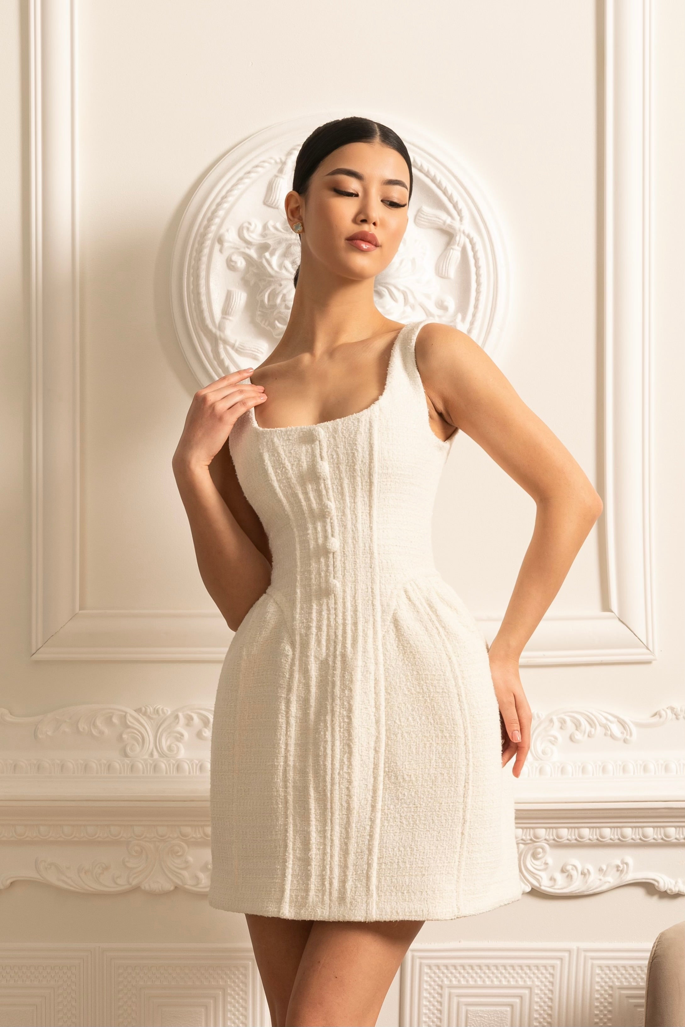 Textured Sleeveless Mini Dress With Fitted Bodice - Ivoire