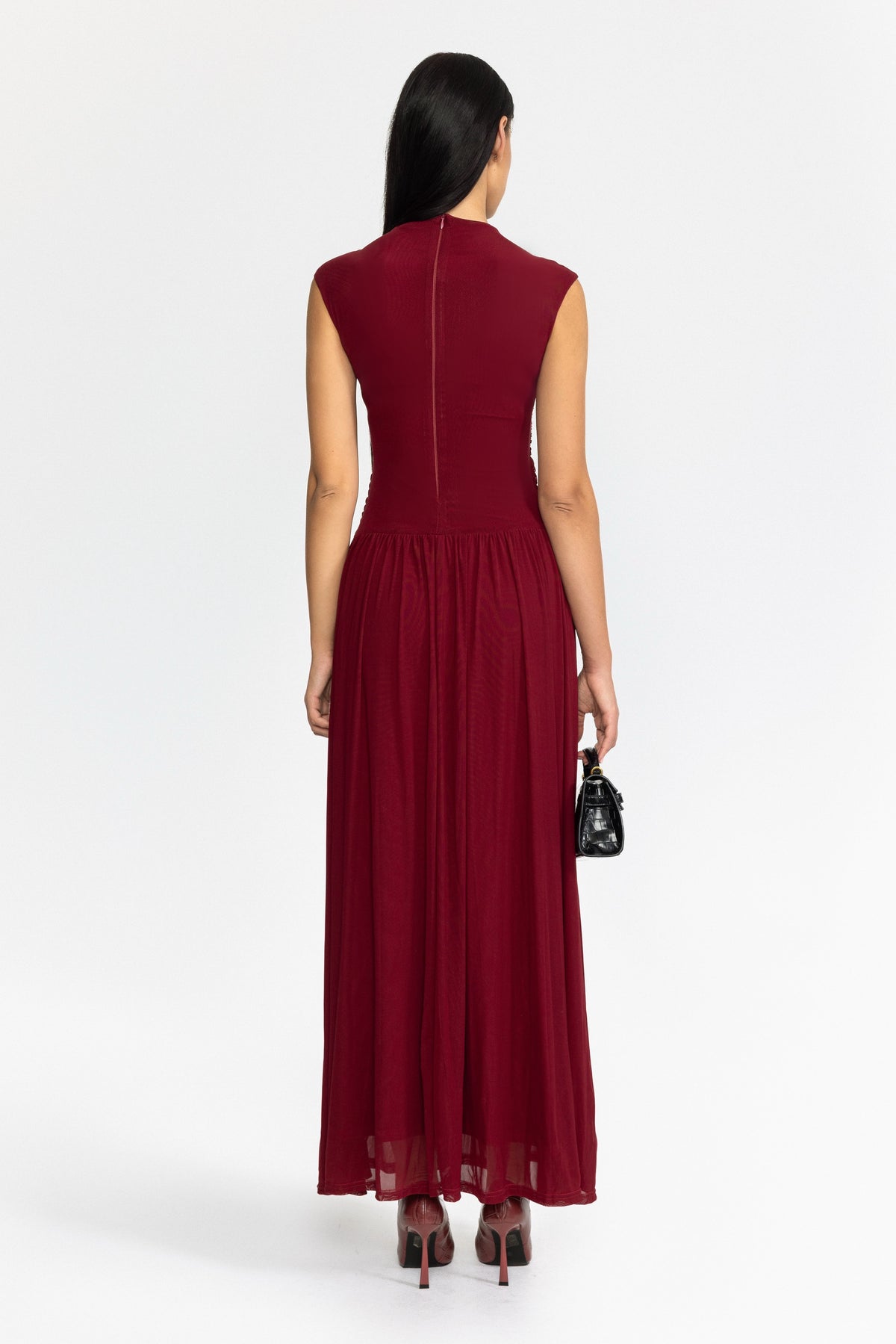 Rochie maxi din mesh drapată, cu talie joasă - Wine