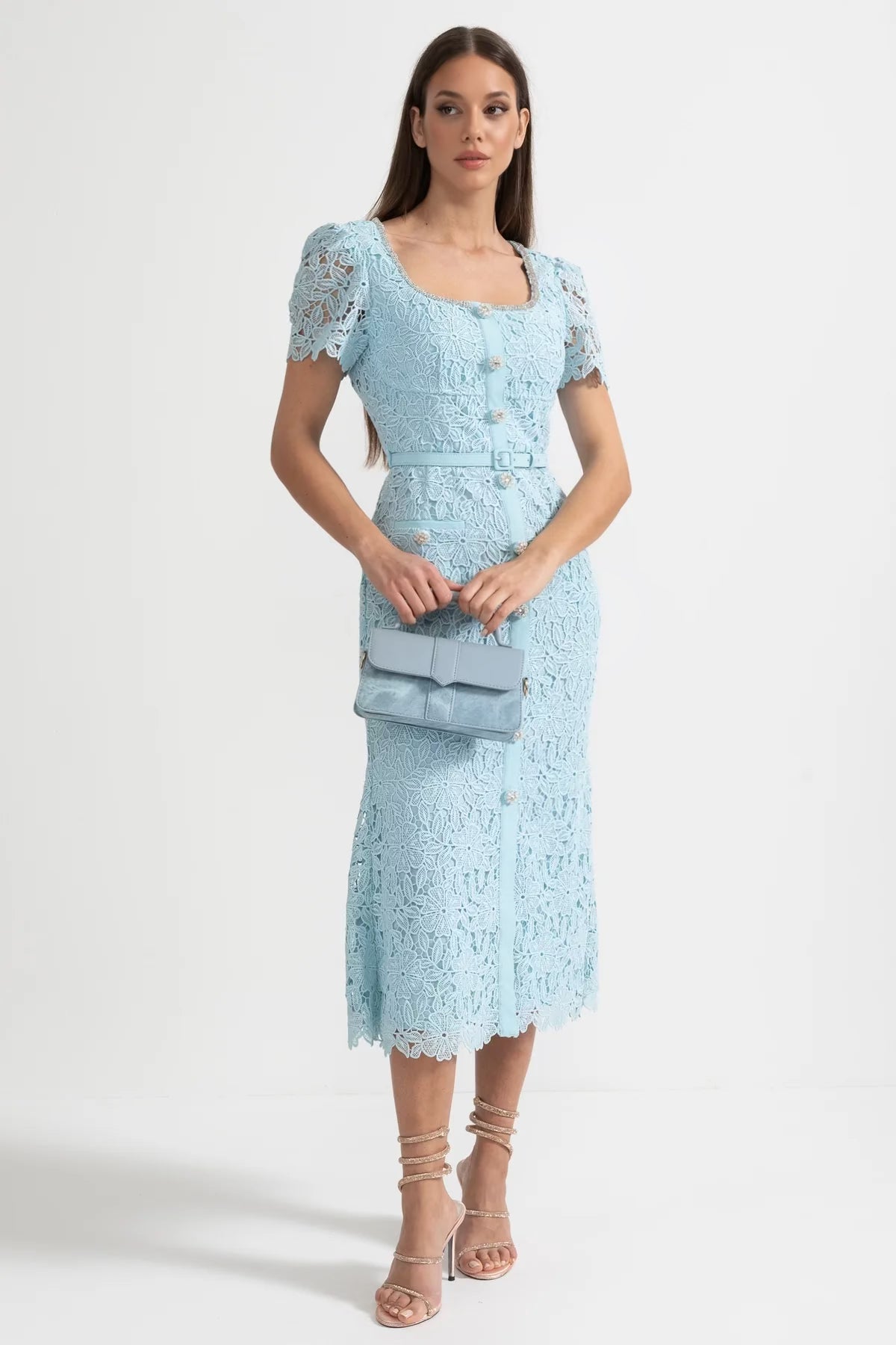 Rochie Midi Delicată din Dantelă Azure - Baby Blue