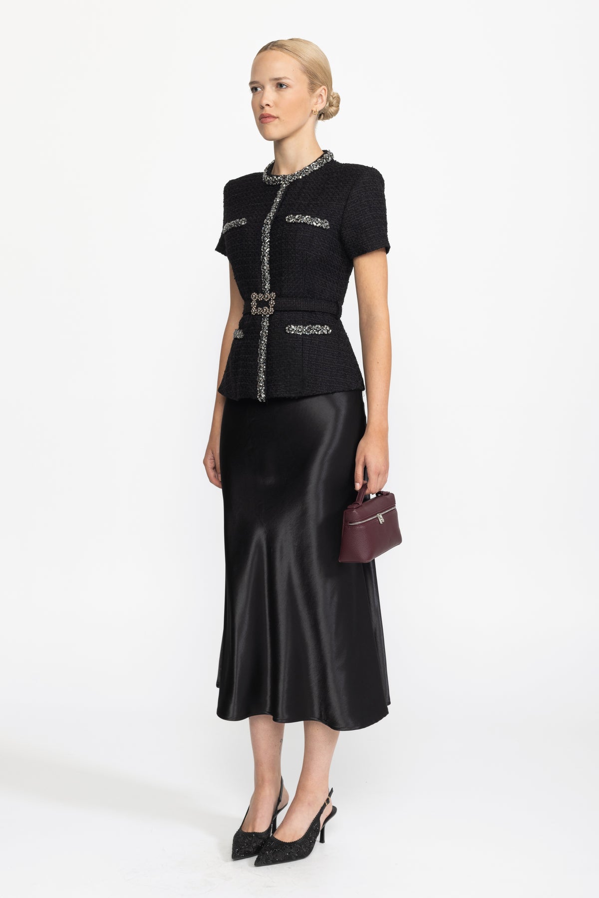 Crystal Trim Tweed and Satin Peplum Midi Dress - Black