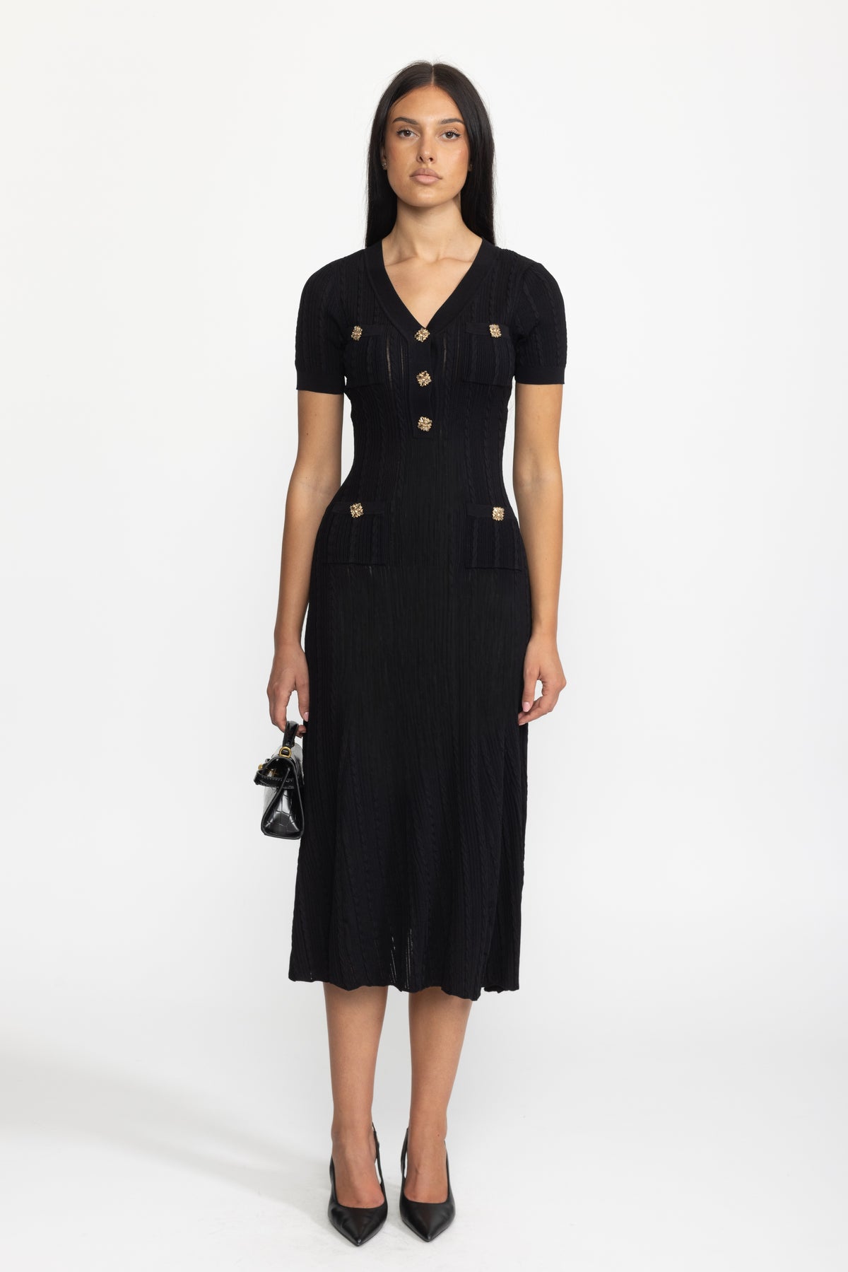 Rochie midi din tricot torsadat cu nasturi-bijuterie - negru