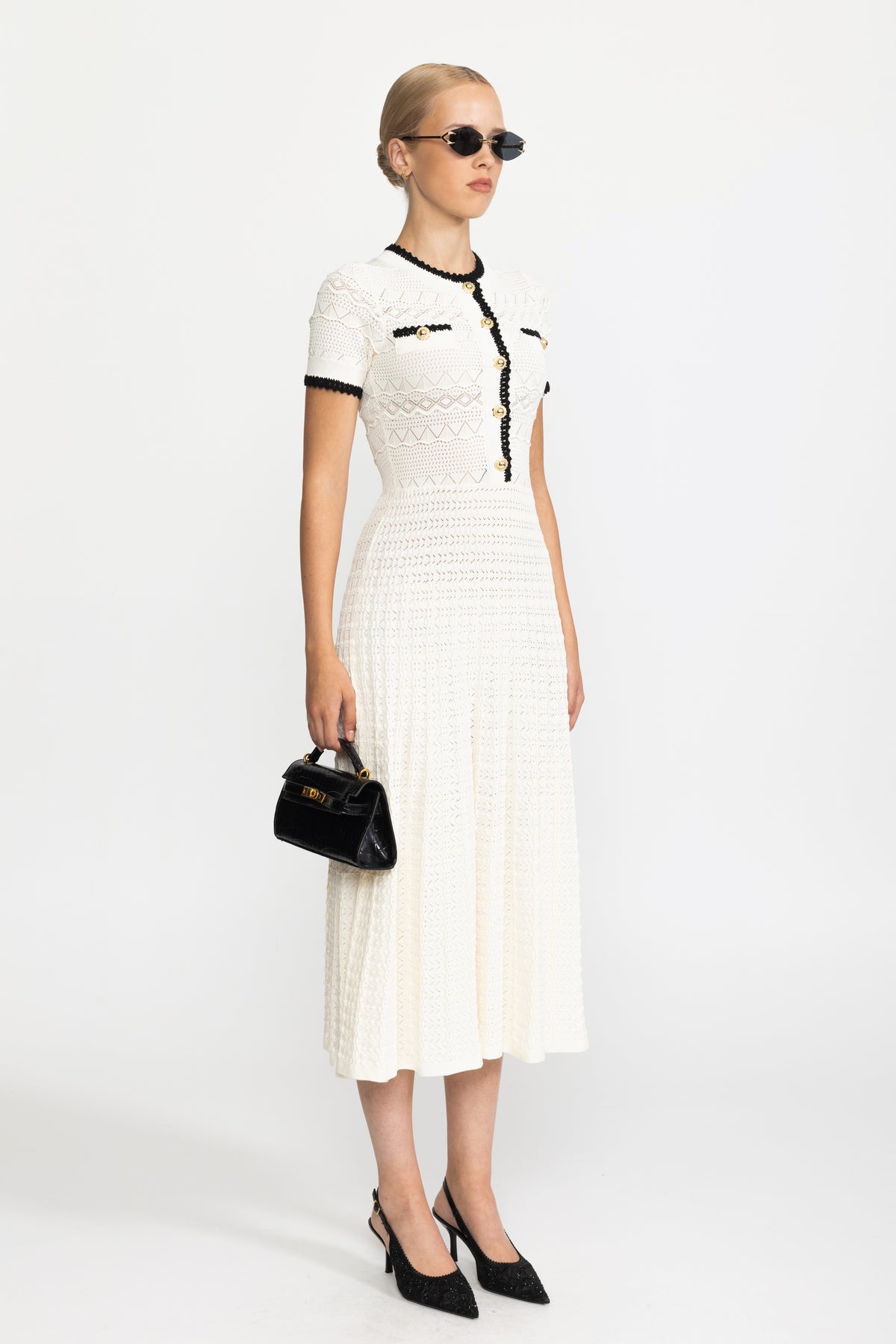Rochie midi din tricot pointelle cu cordon - Ivoire