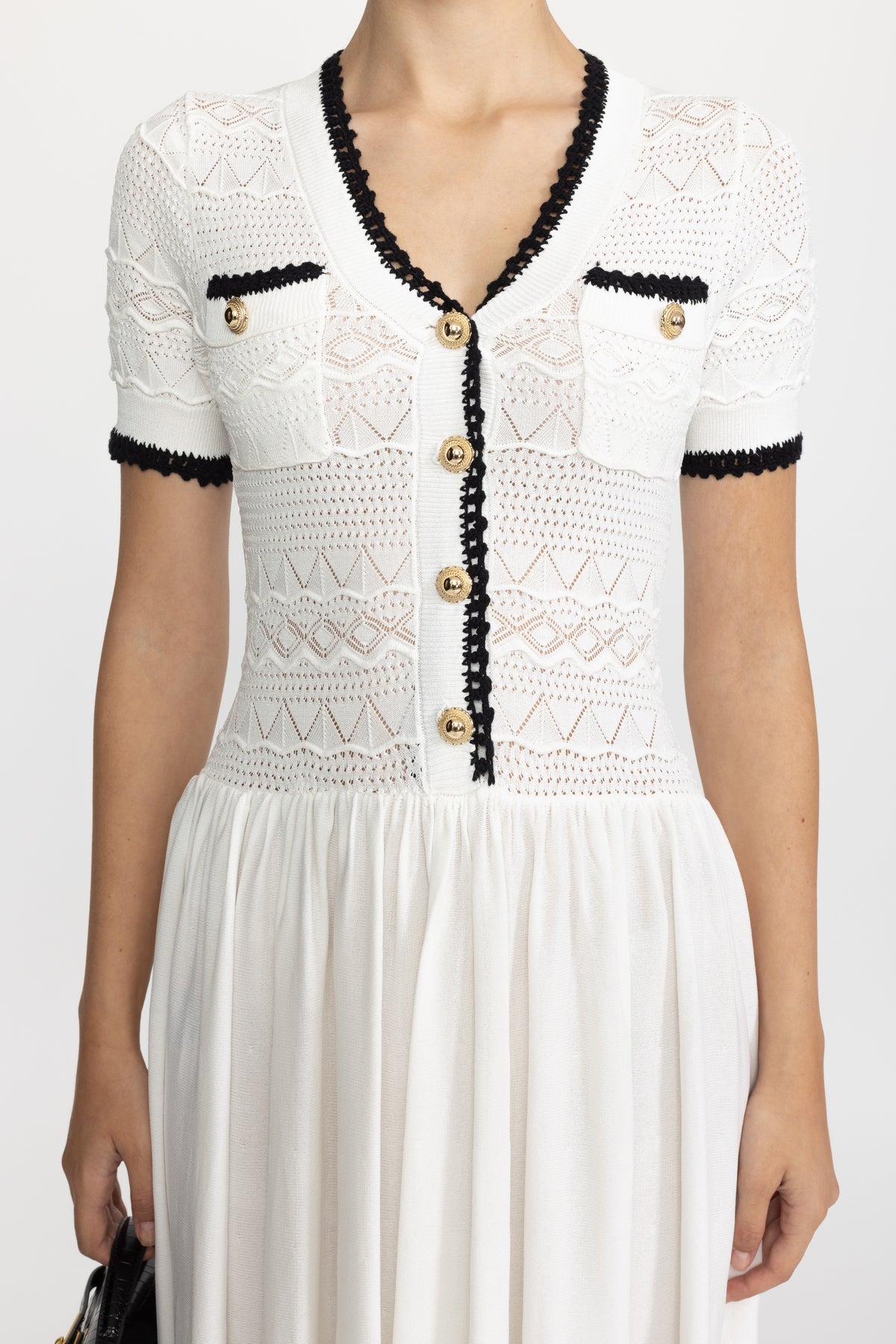 Pointelle Knit Bodice Belted Maxi Dress - White