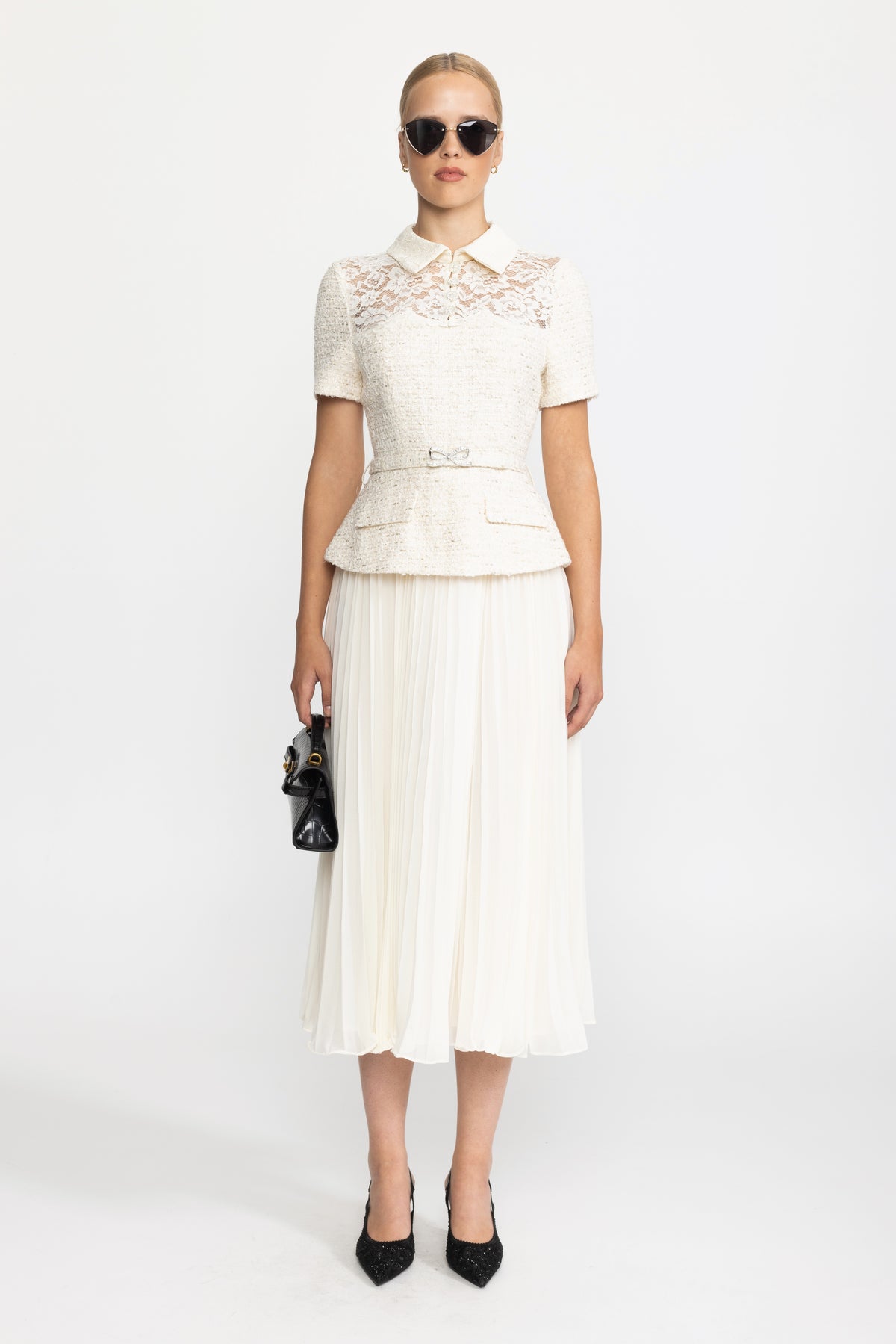 Lace Yoke Tweed Peplum Dress with Pleated Skirt - Ivoire