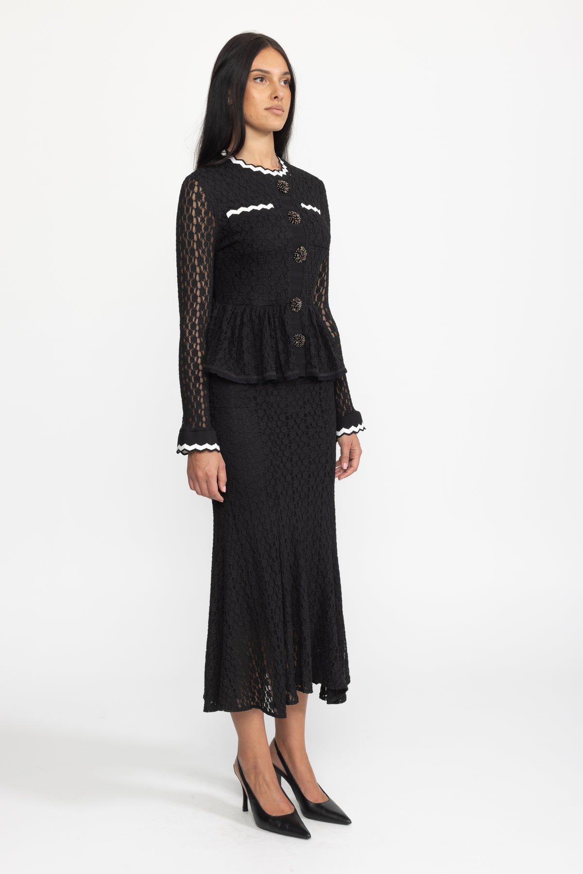 Rochie midi din tricot croșetat cu peplum și bordură ric-rac - negru