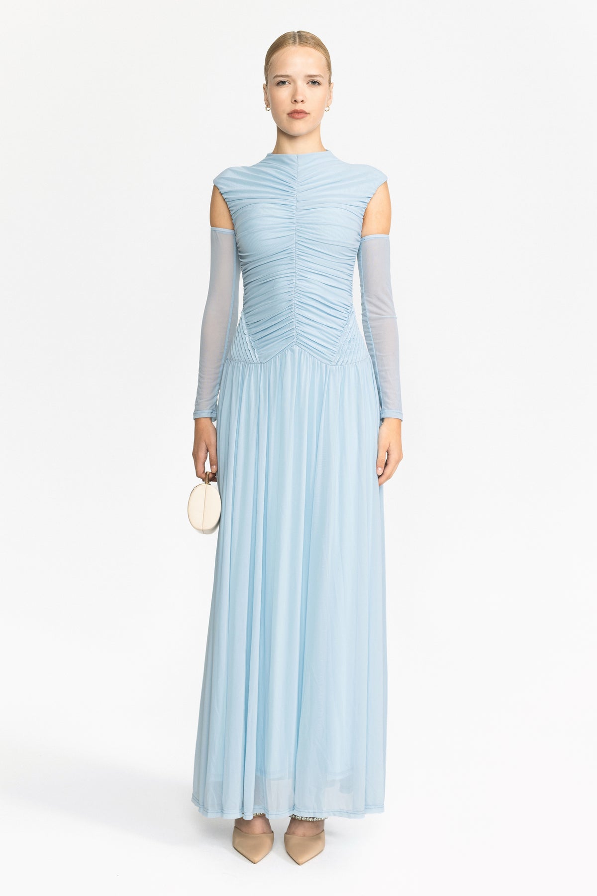 Rochie maxi din mesh drapat, cu talie joasă - albastru ciel
