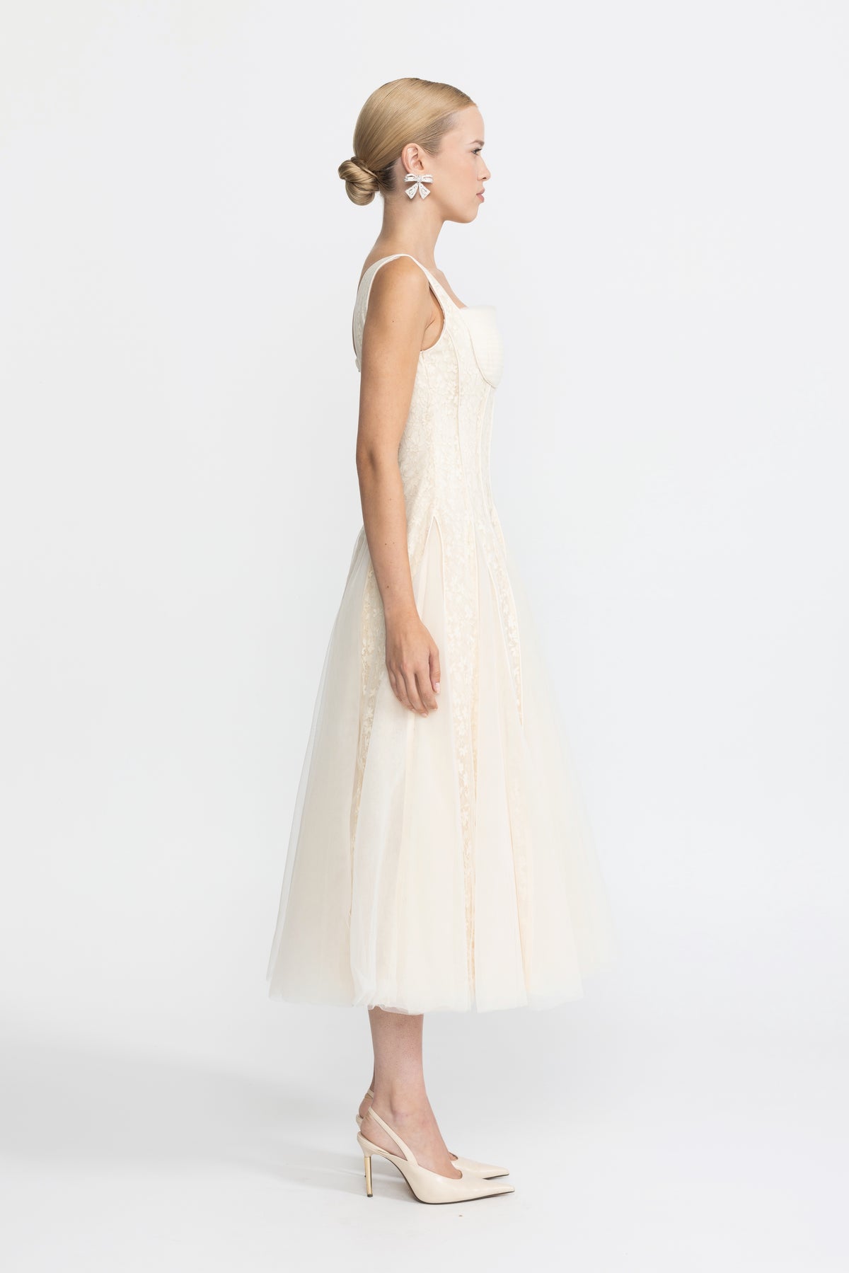 Lace Panel Corset Tulle Midi Dress - Ivoire