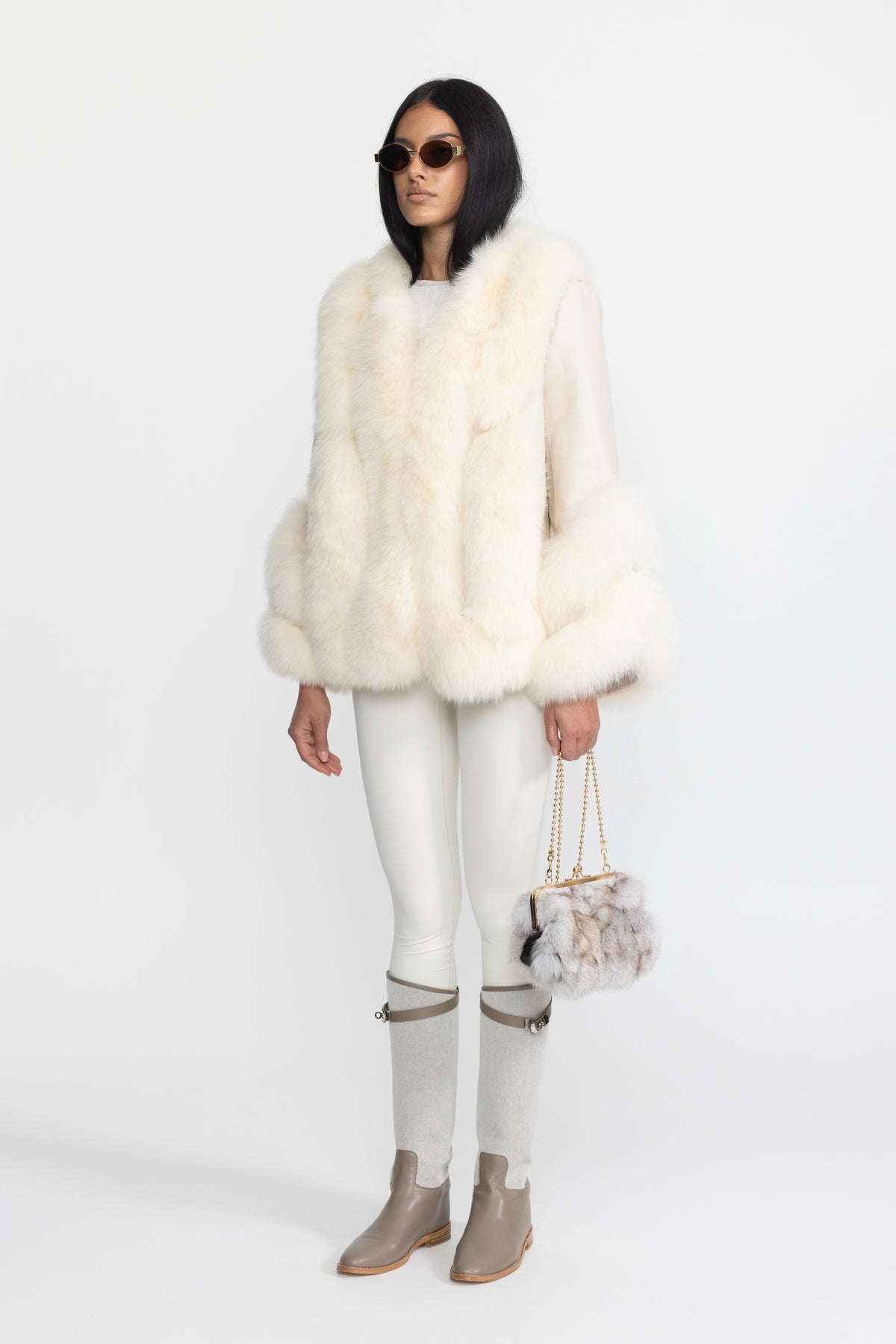Fox Fur Panel Shearling Jacket - Ivoire