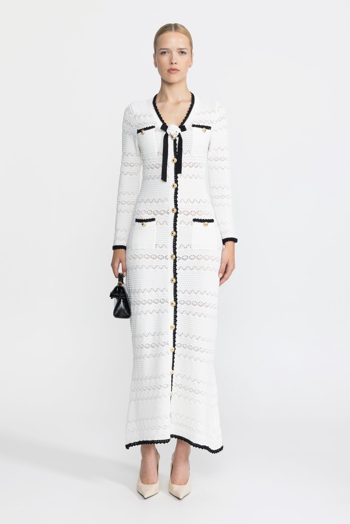 Crochet Trim Knit Button Midi Dress with Flower Brooch - White