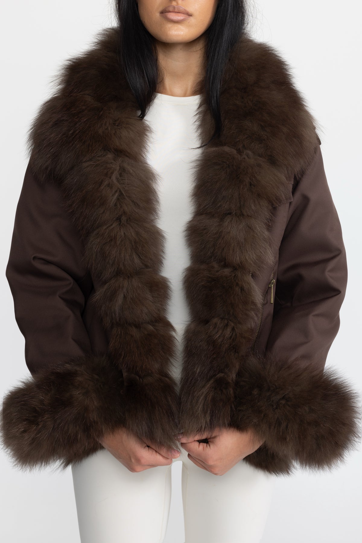 Fox Fur Collar and Cuff Down Utility Jacket - Chocolate