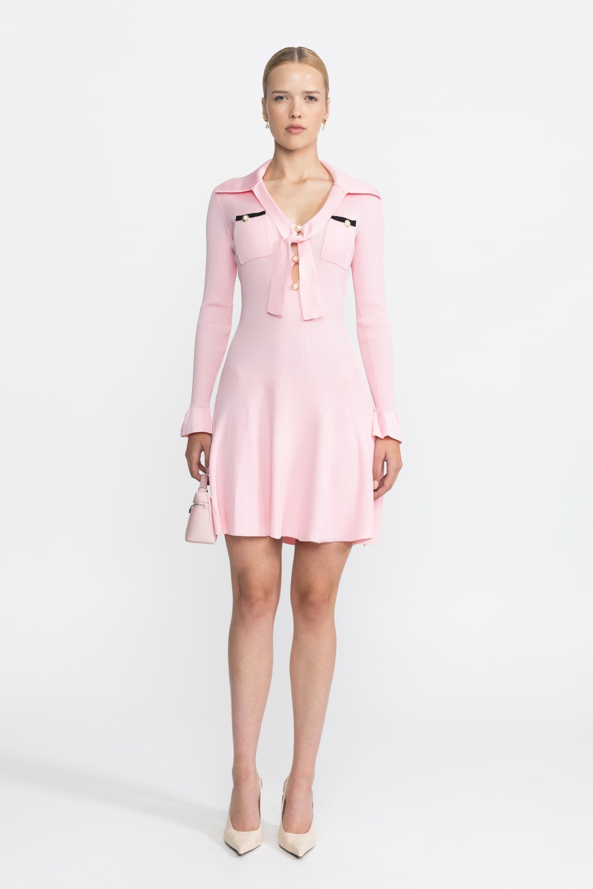 Tie Collar Rib Knit Mini Dress with Pearl Buttons - Pink
