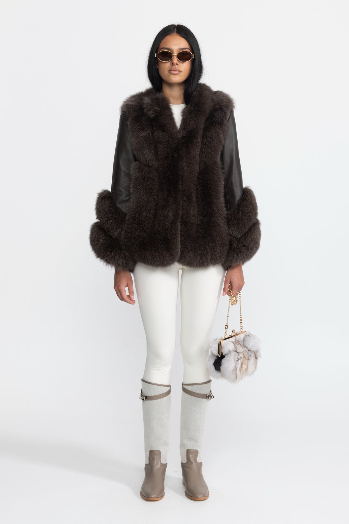 Jachetă shearling cu panou din blană de vulpe - Chocolate