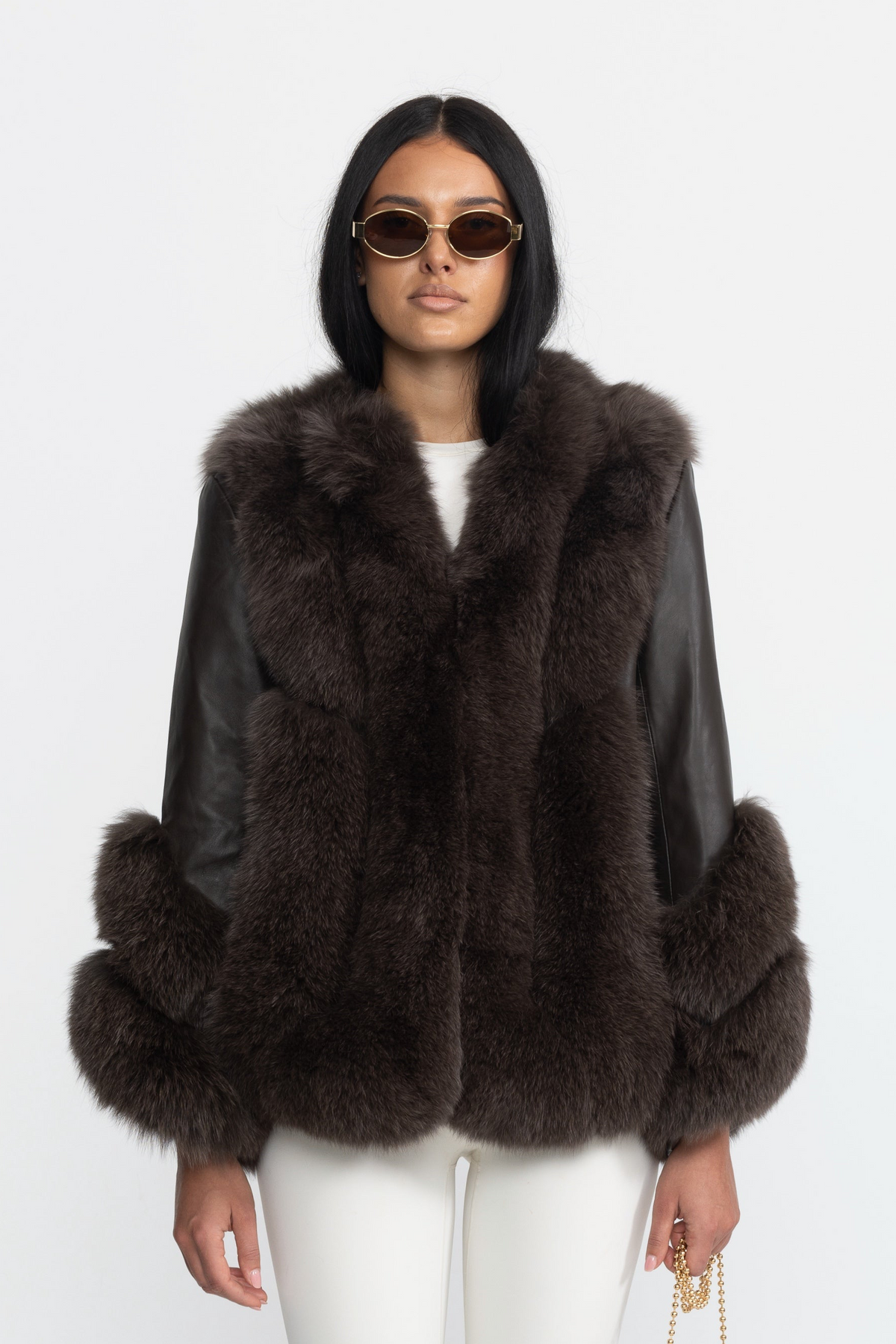 Jachetă shearling cu panou din blană de vulpe - Chocolate